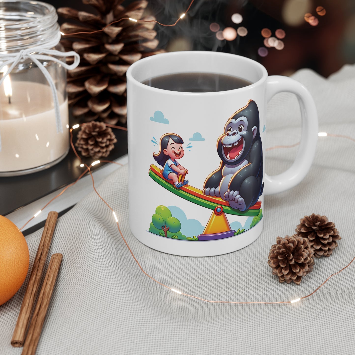 11oz Fun Gorilla and Child Seesaw Mug – Gift for Kids and Animal Lovers