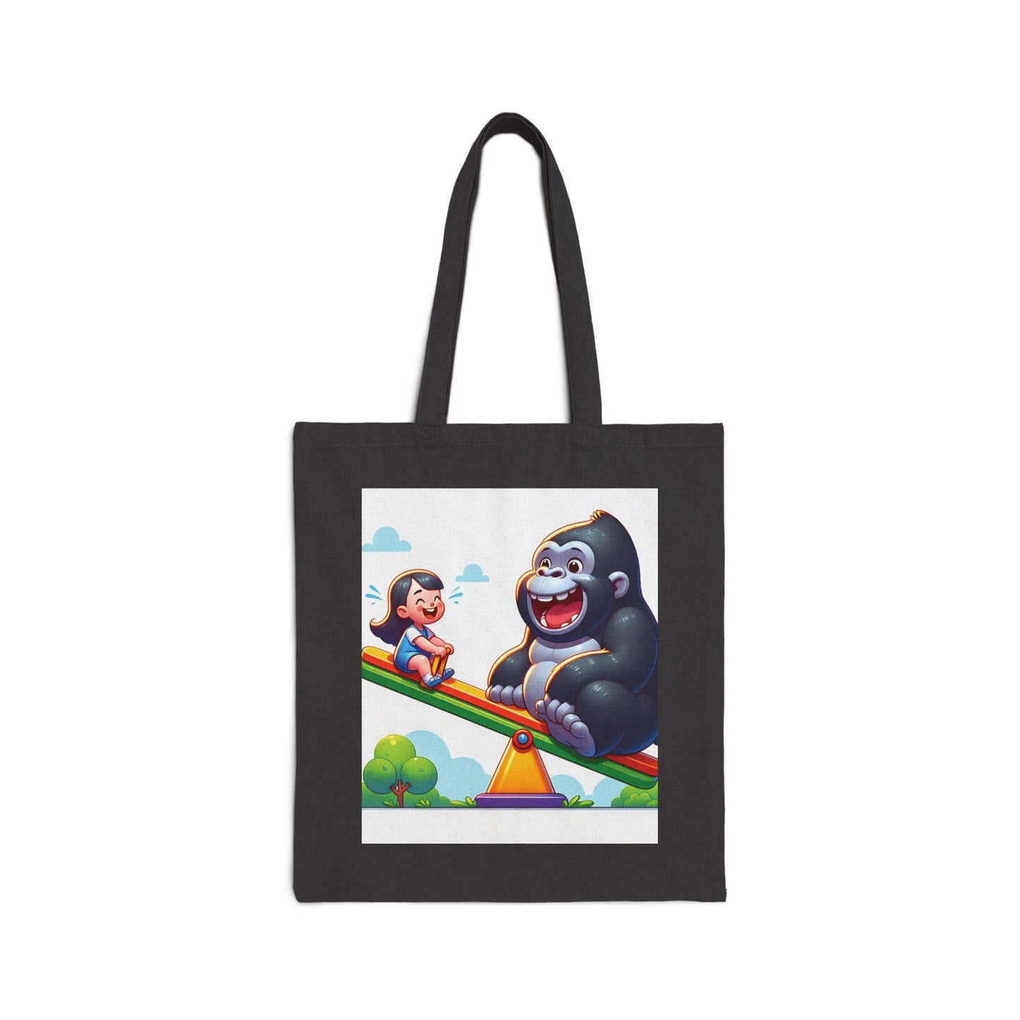 Embrace the joy of childhood with our Playful Gorilla & Child Seesaw Canvas Tote Bag! A stylish and functional tote bag. Gifts for animal lovers and kids. BUY NOW! (SK Superb)