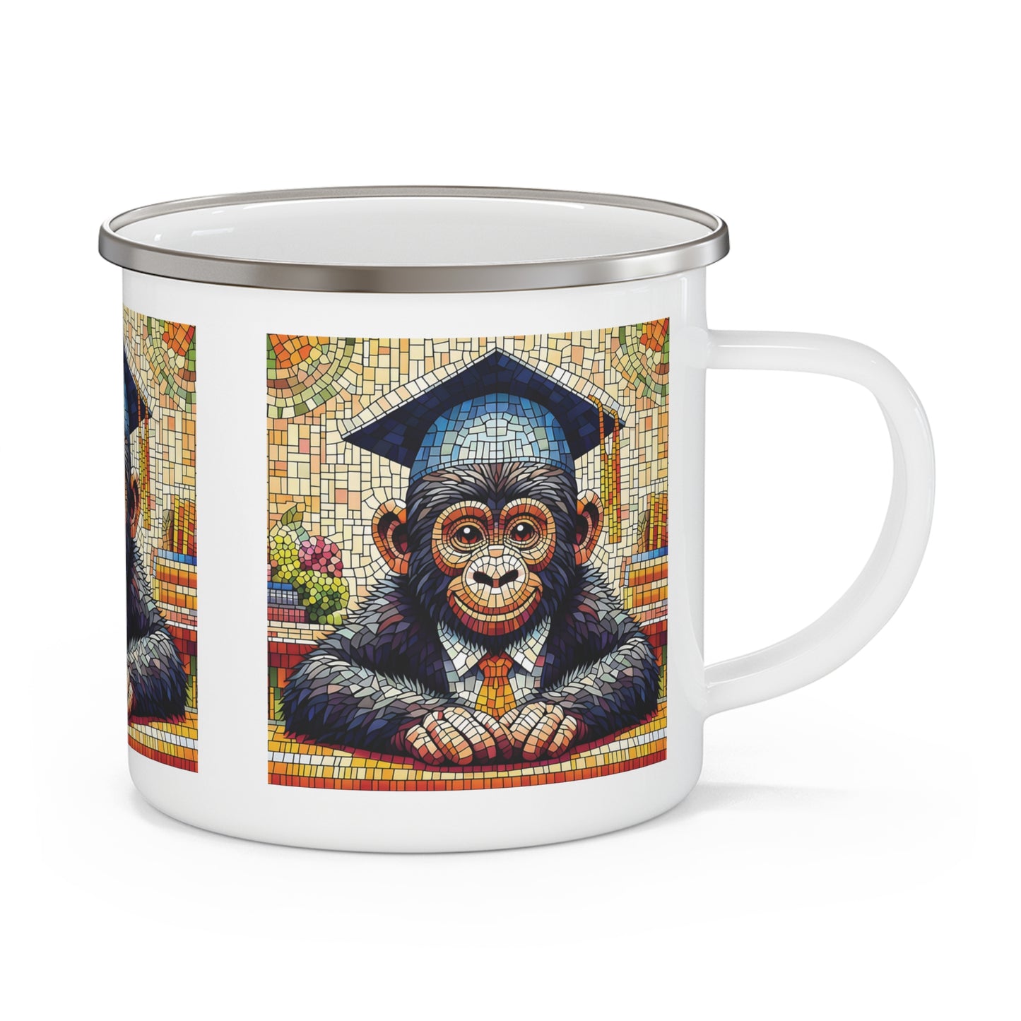 Celebrate academic success with this mosaic style "Graduating Monkey" enamel camping mug! This mug is perfect for nature lovers, graduates, and teachers. Ideal for camping or as a creative graduation gift, it’s a fun, practical addition to any drinkware collection. Eco-friendly and dishwasher safe. BUY NOW! (SK Superb)