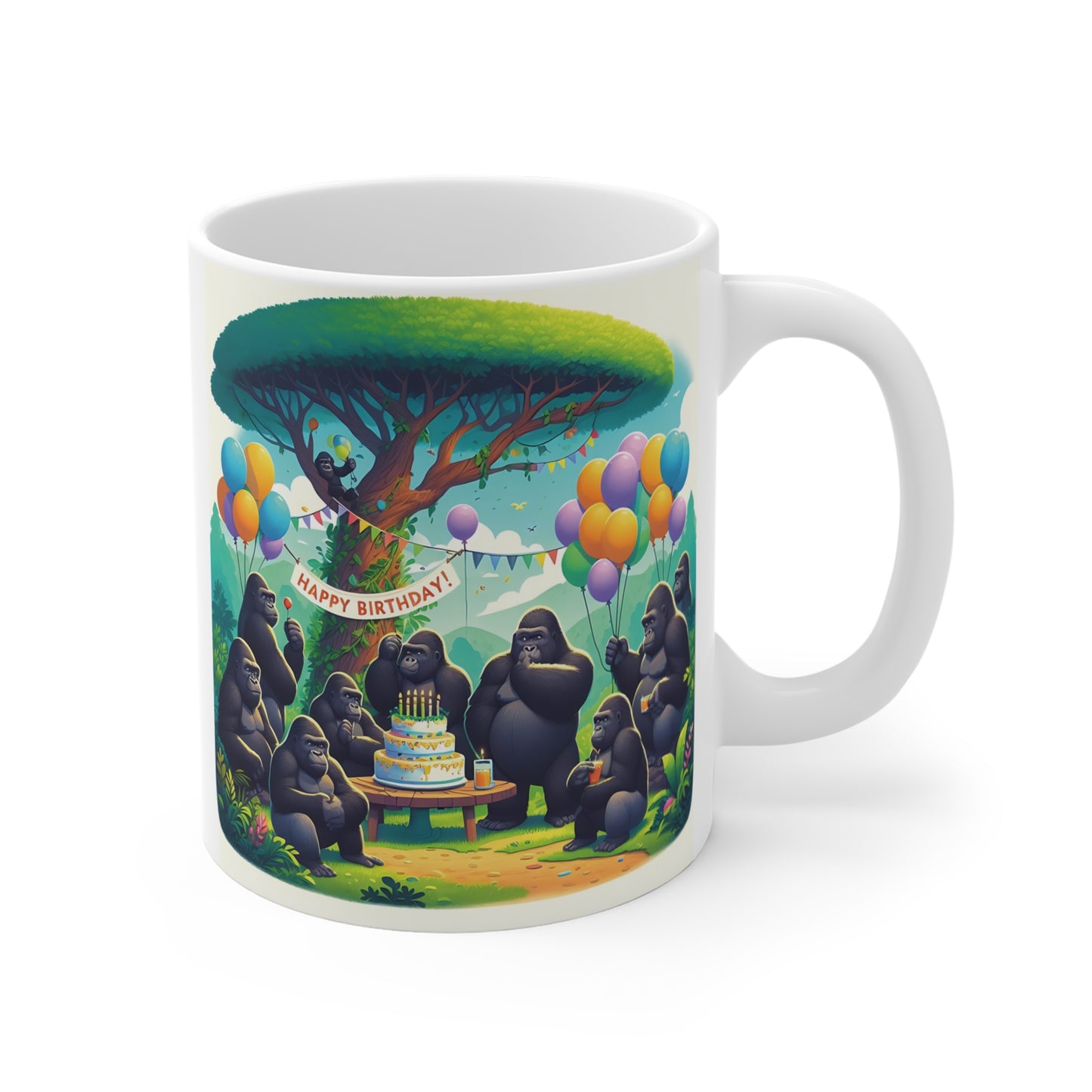 Celebrate birthdays in style with our Happy Birthday Gorilla Party Mug, mirrors the joy of human birthday gatherings. Perfect gift for anyone who loves animals and festive celebrations. Ideal for birthdays, special occasions, or simply adding a fun touch to your kitchenware collection. BUY NOW! (SK Superb)