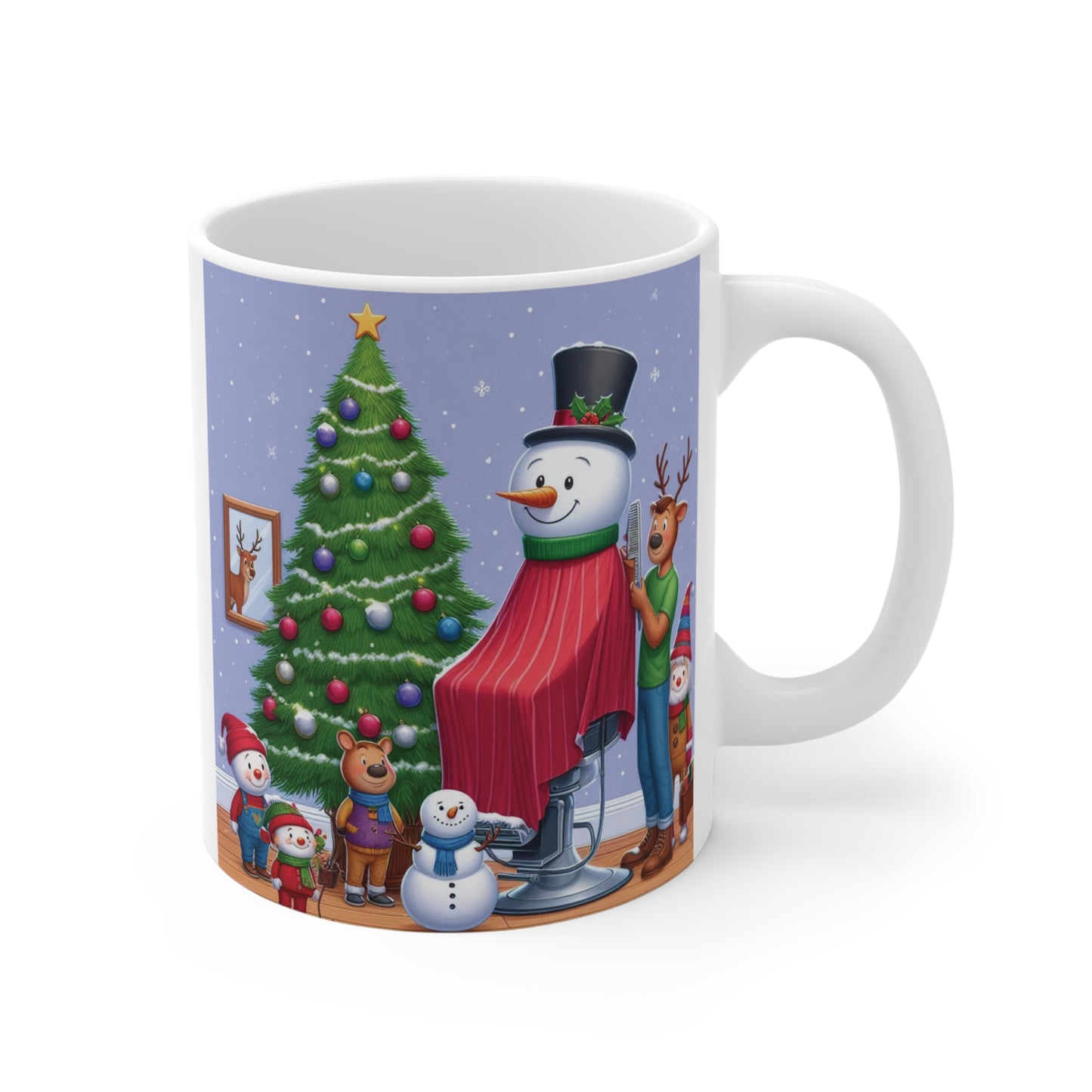 Add holiday cheer with this Christmas mug of a snowman getting a haircut from a reindeer barber. A delightful addition to your holiday décor or a unique gift.