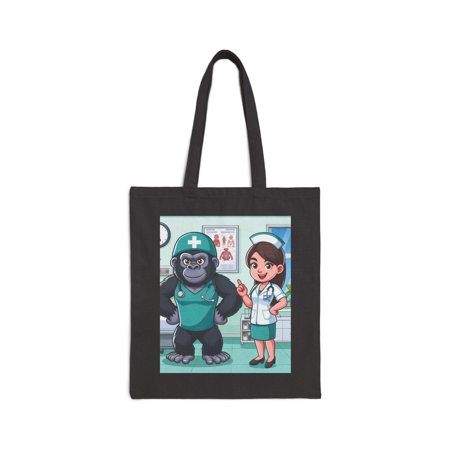 A functional, whimsy canvas tote bag of a cartoon gorilla nurse with a friendly human doctor. Ideal for medical professionals, animal lovers, and anyone who appreciates humor in their everyday accessories. Gift for nurses, doctors, medical students, or anyone who loves quirky and fun designs. BUY NOW! (SK Superb)