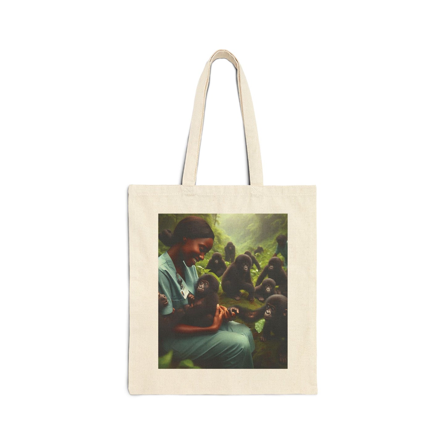 A compassionate and nature canvas tote bag featuring a kind nurse caring for baby gorillas. This bag is perfect for animal, nature lovers, healthcare professionals. A stylish and practical tote bag for everyday use. BUY NOW! (SK Superb)