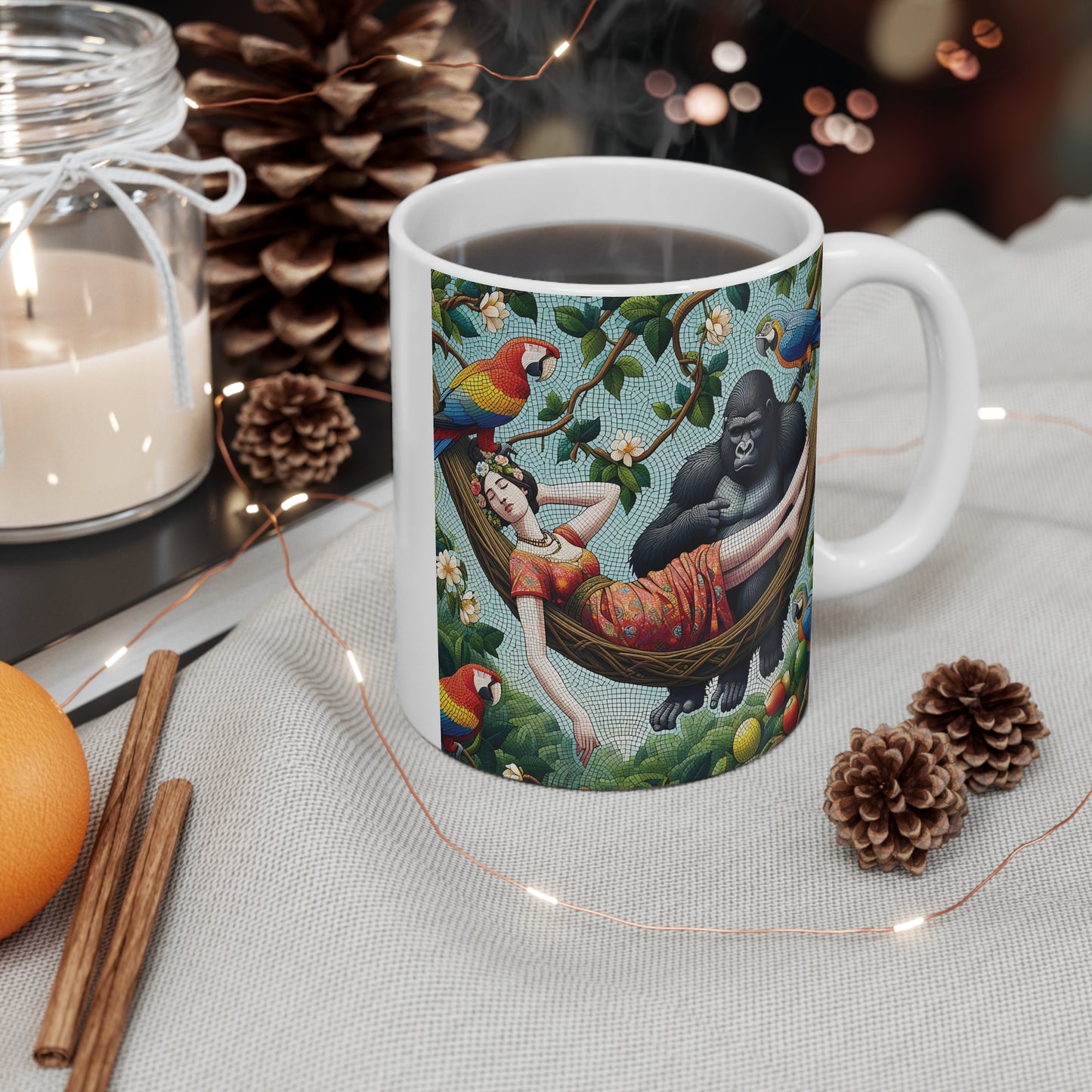 Tropical Mosaic Style Gorilla and Woman in Hammock 11oz Mug