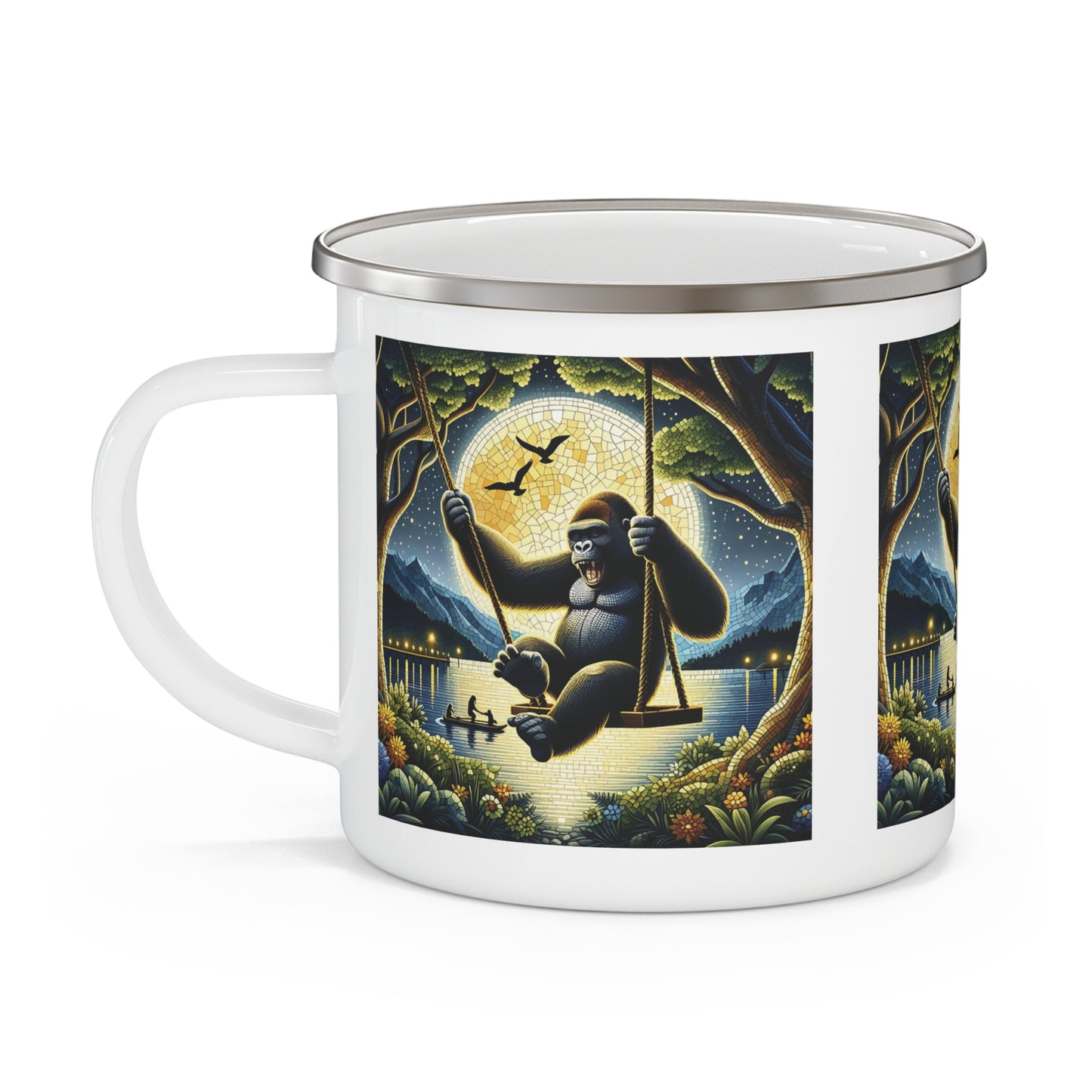 Enchanting Gorilla on a Swing Enamel Camping Mug - Nature-Themed / Outdoor Enthusiasts