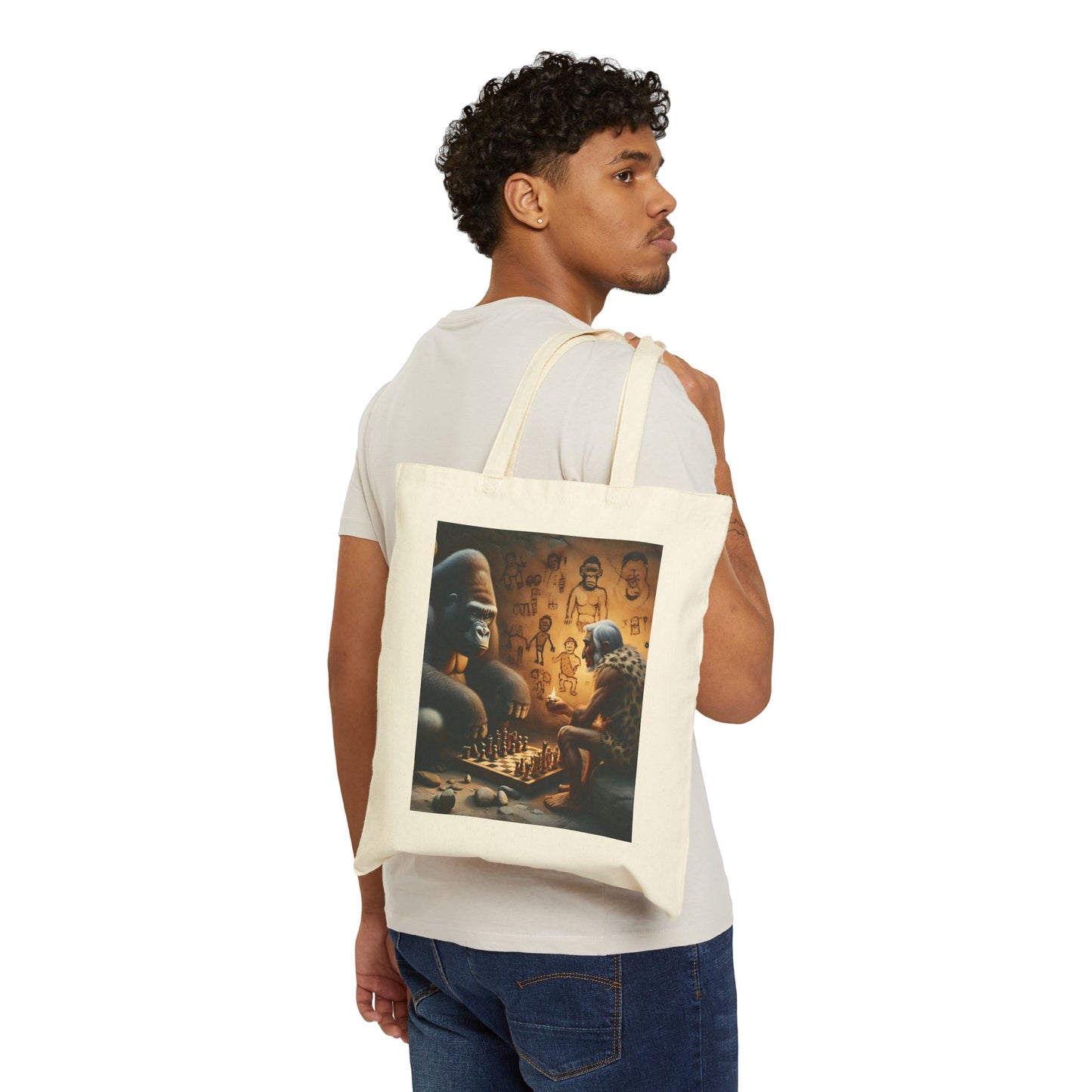 Ancient Art Design Gorilla and Caveman Chess Canvas Tote Bag - Chess & Art Theme