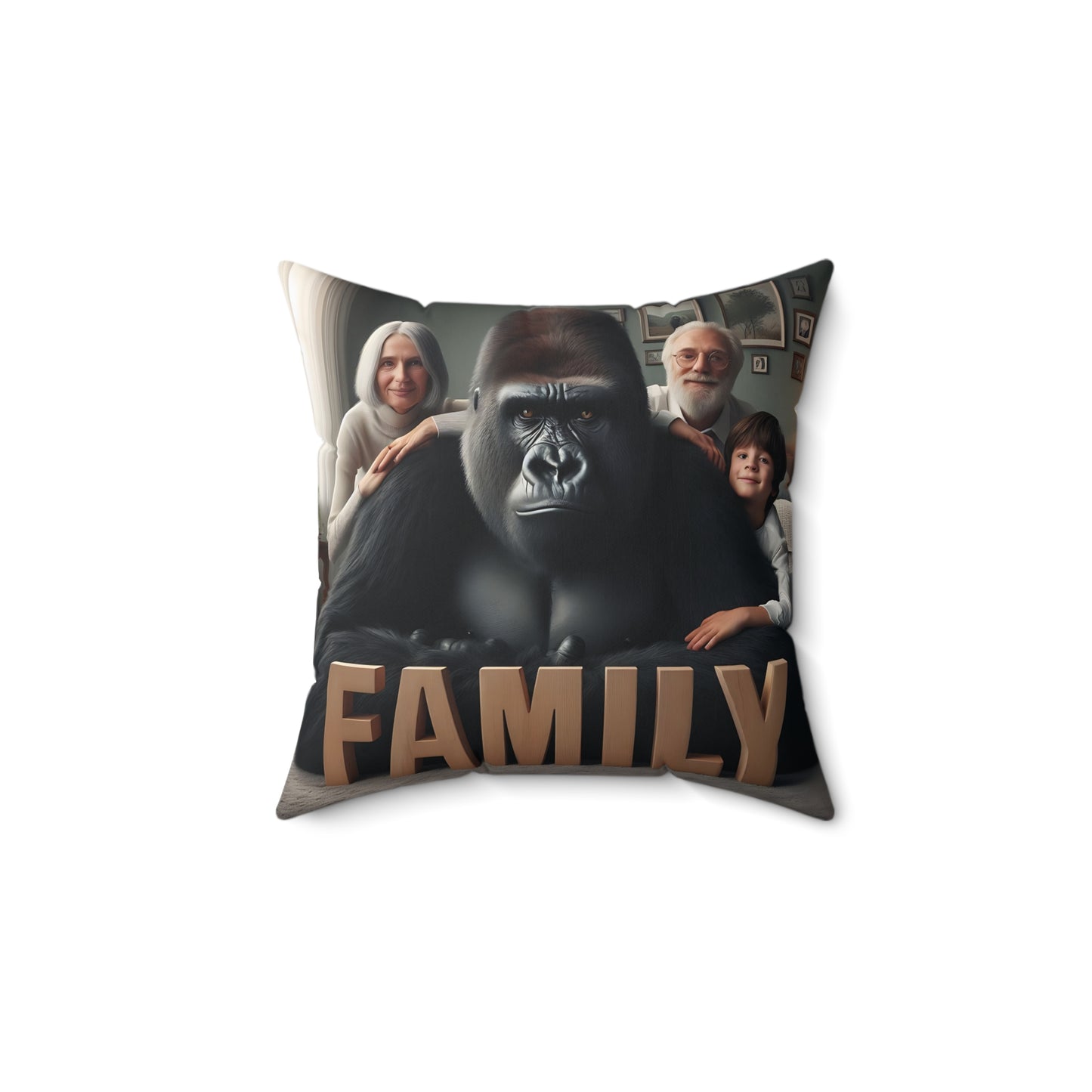 Celebrate the essence of togetherness with the "Gorilla Family Pillow." Enhance your home decor with this heartwarming pillow of a majestic gorilla surrounded by a loving family, all united by the word "FAMILY." This pillow is a wonderful reminder of the importance of family bonds. Get yours today!! (SK Superb)