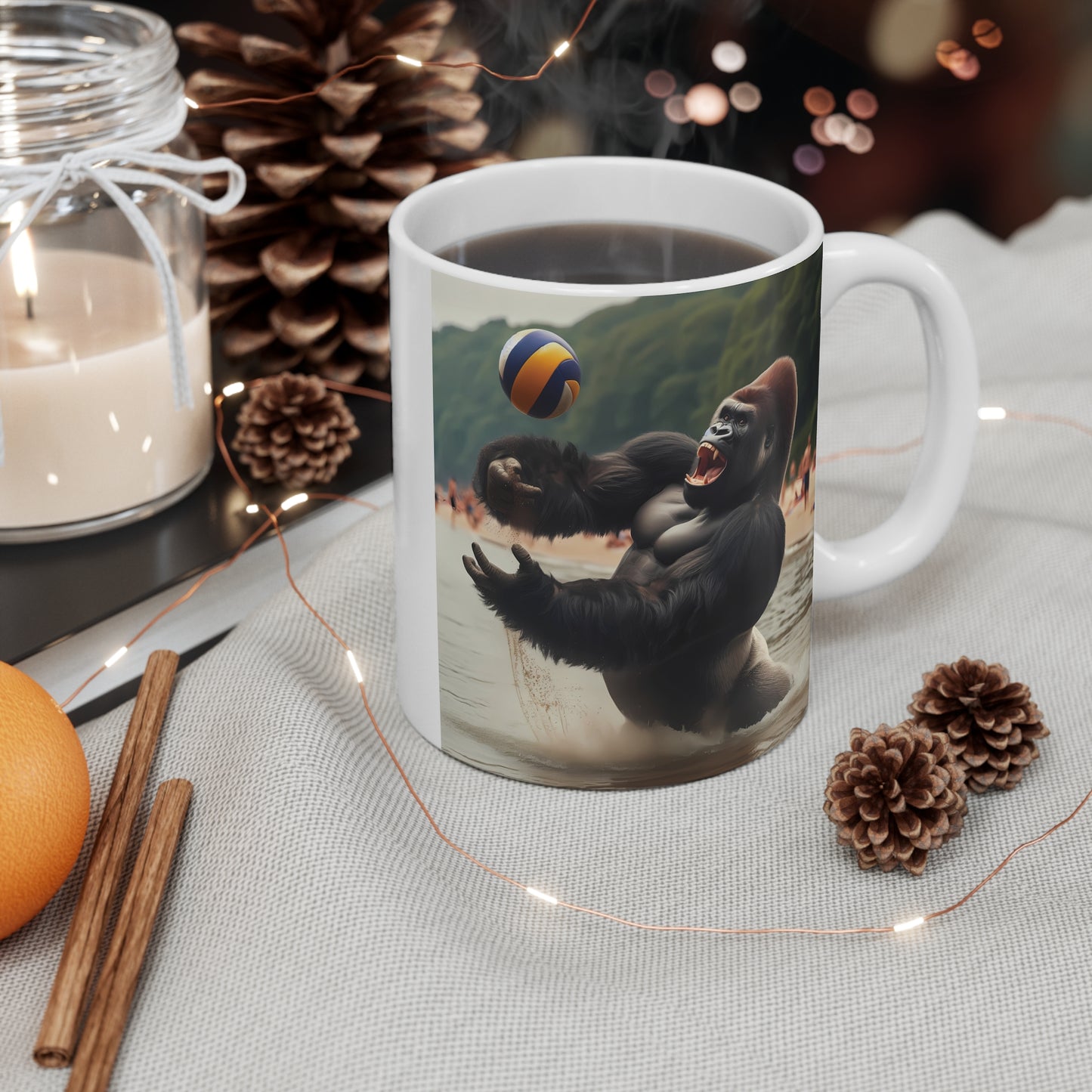Thrilling Gorilla Beach Volleyball Game 11oz Mug - Beach Sports/Wildlife Lovers