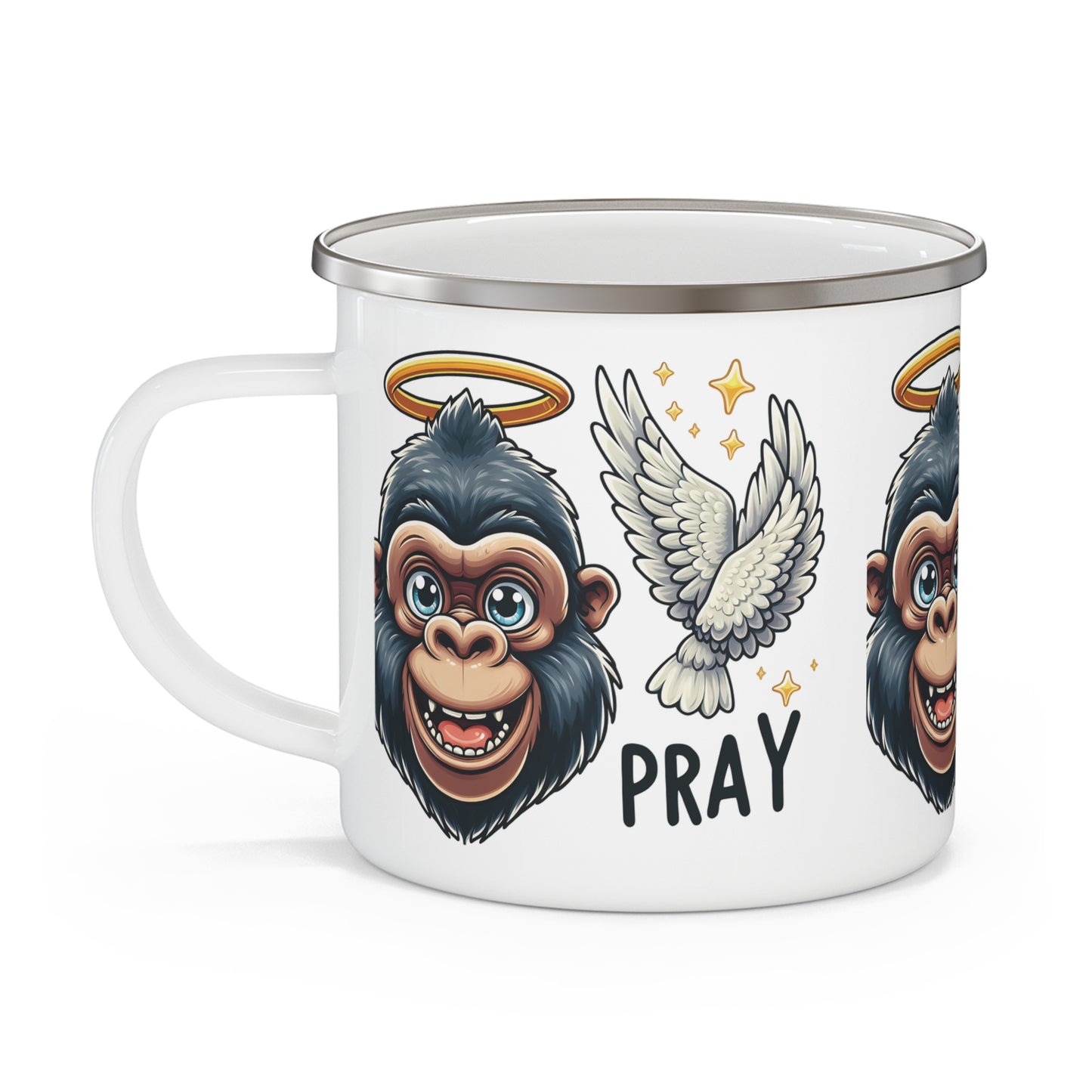 Cute Gorilla with Halo "Pray" Design Enamel Camping Mug - Inspirational Animal Art