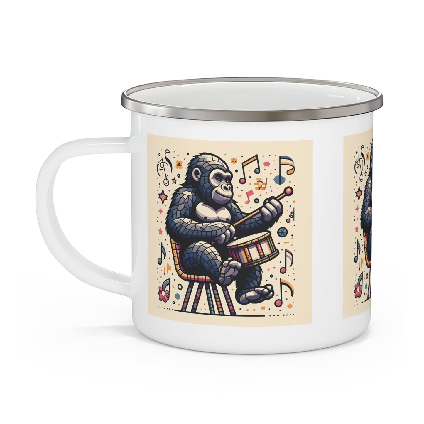 Fun Gorilla Drummer Enamel Camping Mug – Music & Animal Gift