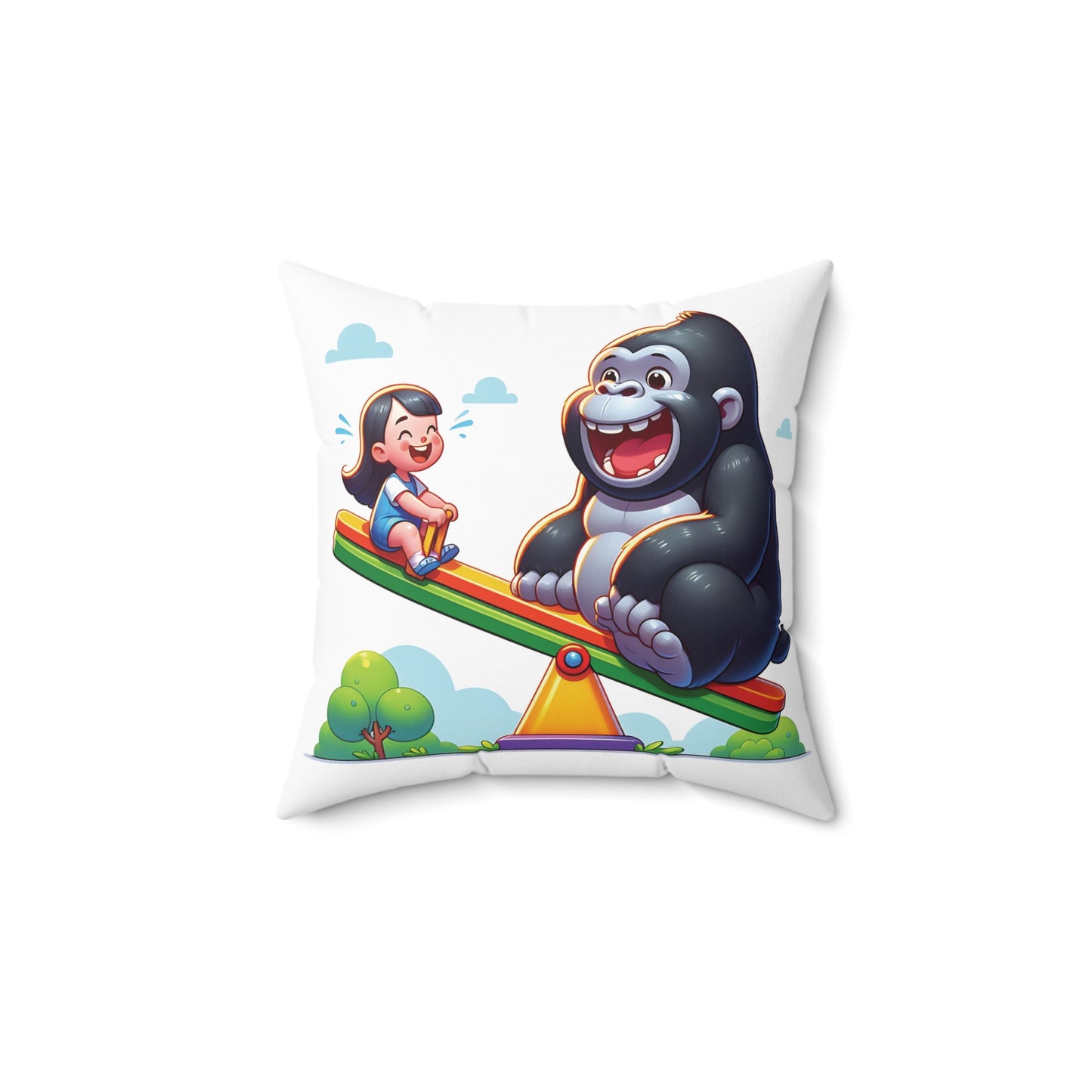 Bring home this "Playful Gorilla and Child on Seesaw Pillow" today and inspire your little ones to cherish their relationship with animals. A joyful scene of a gorilla and a child sharing a fun moment on a seesaw. It teaches the importance of friendships between humans and animals. BUY NOW! (SK Superb)