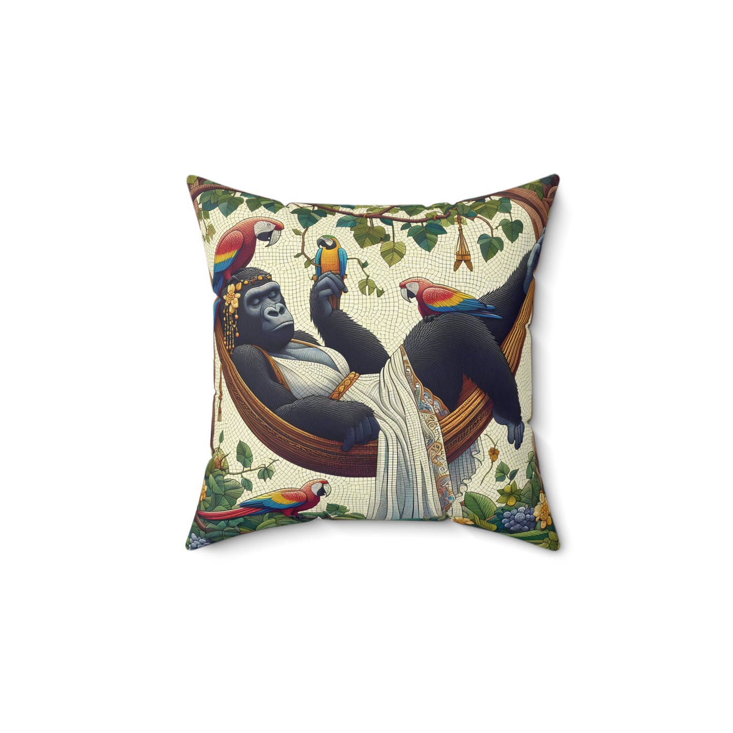 Add a touch of exotic charm to your home and office decor with our "Gorilla Goddess in Hammock Pillow". This design features a regal gorilla reclining in a beautifully adorned hammock, just like us human taking a relaxing nap in a hammock. Enhance your living space with this artistry pillow. BUY NOW! (SK Superb)