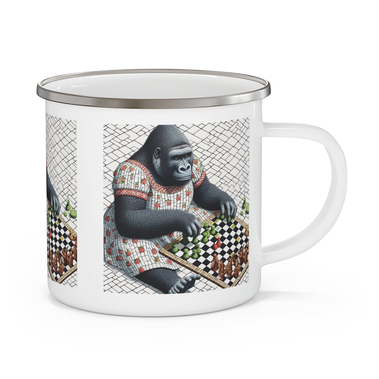 A blend of artistry and functionality with our Enamel Camping Mug featuring a female gorilla playing chess in mosaic style background, similarity of a human chess player. Ideal for camping, hiking, picnics and outdoor adventures. Great gift for animal and chess lovers. BUY NOW! (SK Superb)