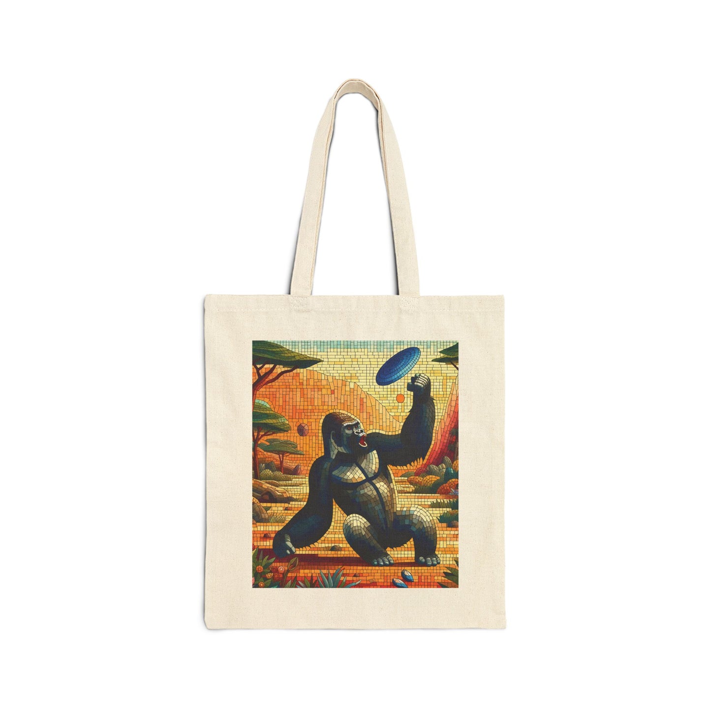 Embrace style and functionality with our Canvas Tote Bag of a mosaic art gorilla playing frisbee. A creative vibrant artwork tote bag for daily use. Ideal gift for art lovers and nature enthusiasts. BUY NOW! (SK Superb)