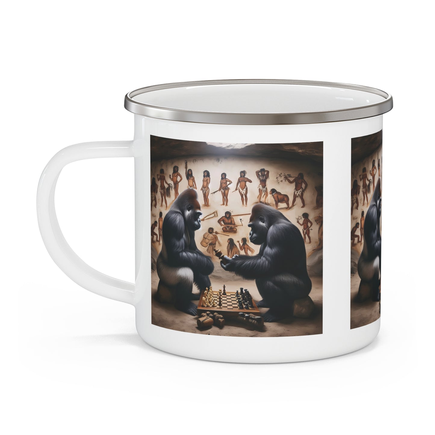 Gorillas Chess Match Enamel Camping Mug - Chess Lovers and Outdoor Enthusiasts