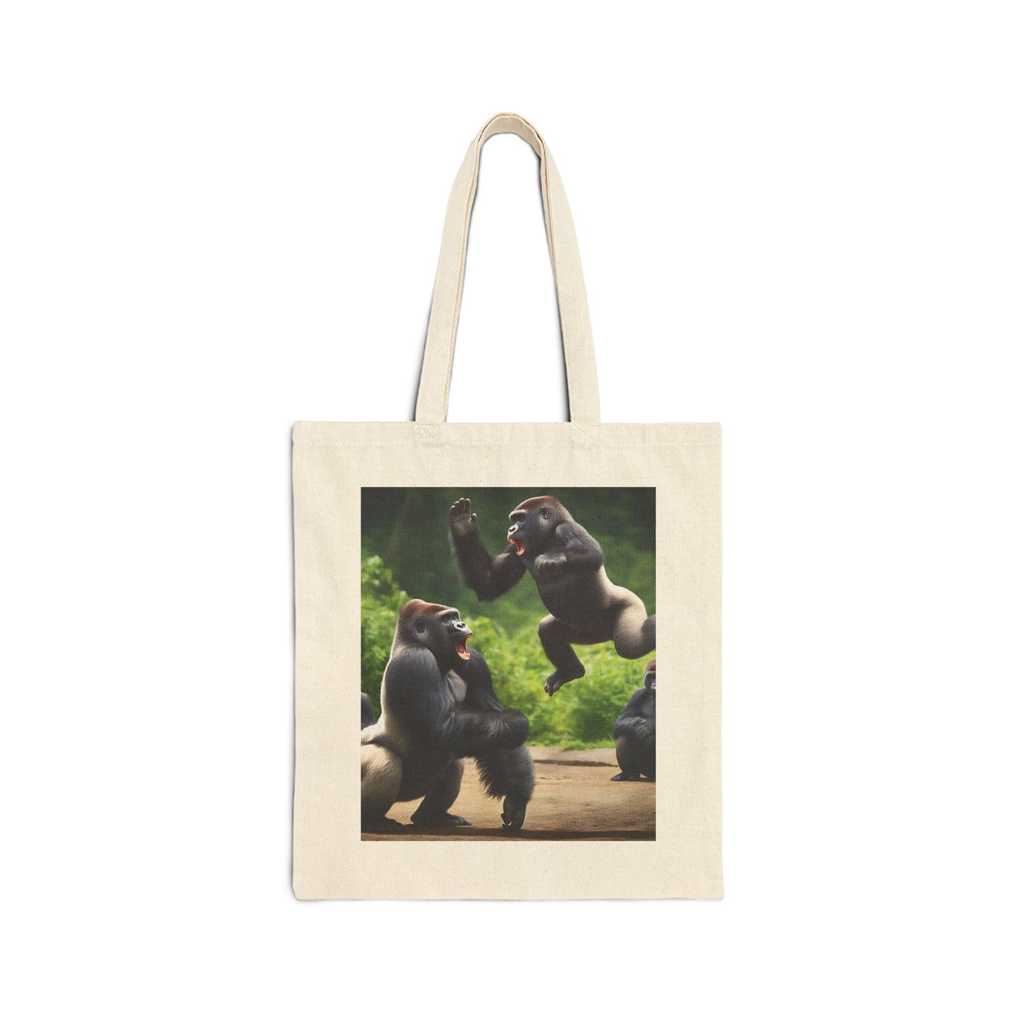 Carry your essentials with a touch of nature-inspired fun with our "Energetic Gorilla Jump Canvas Tote Bag". It features two lively gorillas interacting energetically in a lush, green setting. Ideal for animal lovers, nature enthusiasts, human-gorilla lovers. BUY NOW! (SK Superb)
