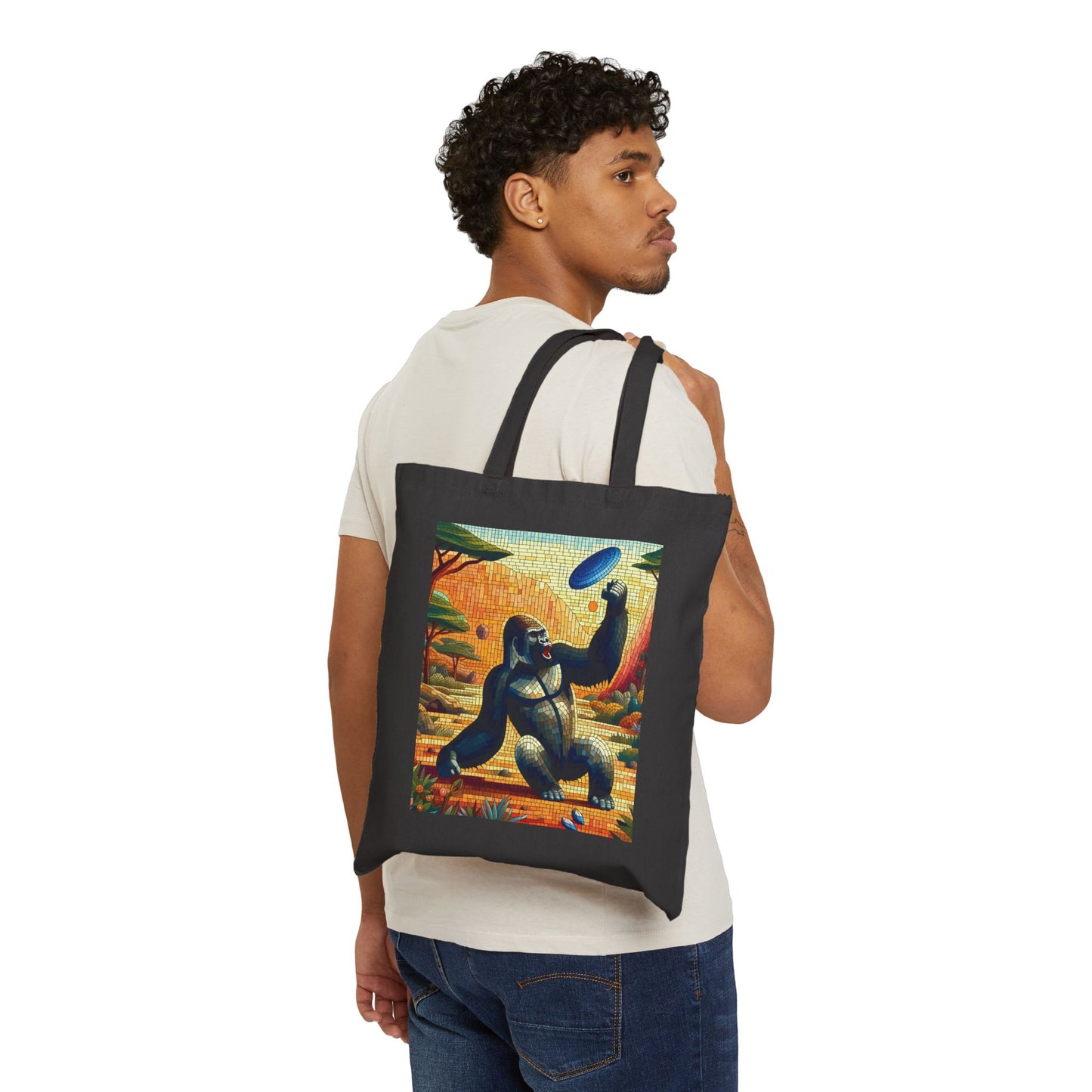 Nature Mosaic Art Gorilla Frisbee Player Canvas Tote Bag
