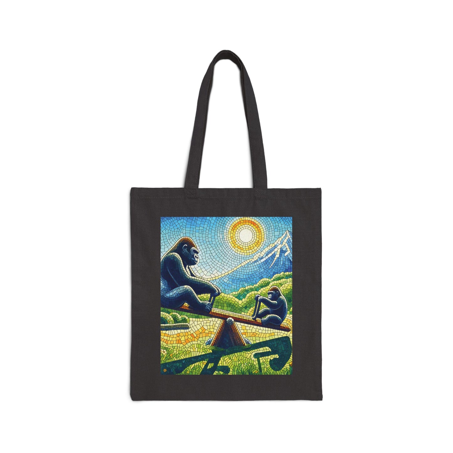 Experience the nostalgia of a seesaw ride with our mosaic style "Gorillas Family Seesaw Ride" Canvas Tote Bag, reminiscent of childhood days family fun. A functional everyday carryall tote bag. Perfect gift for gorilla, art lovers, or anyone who cherishes the joys of family and nature. BUY NOW! (SK Superb)