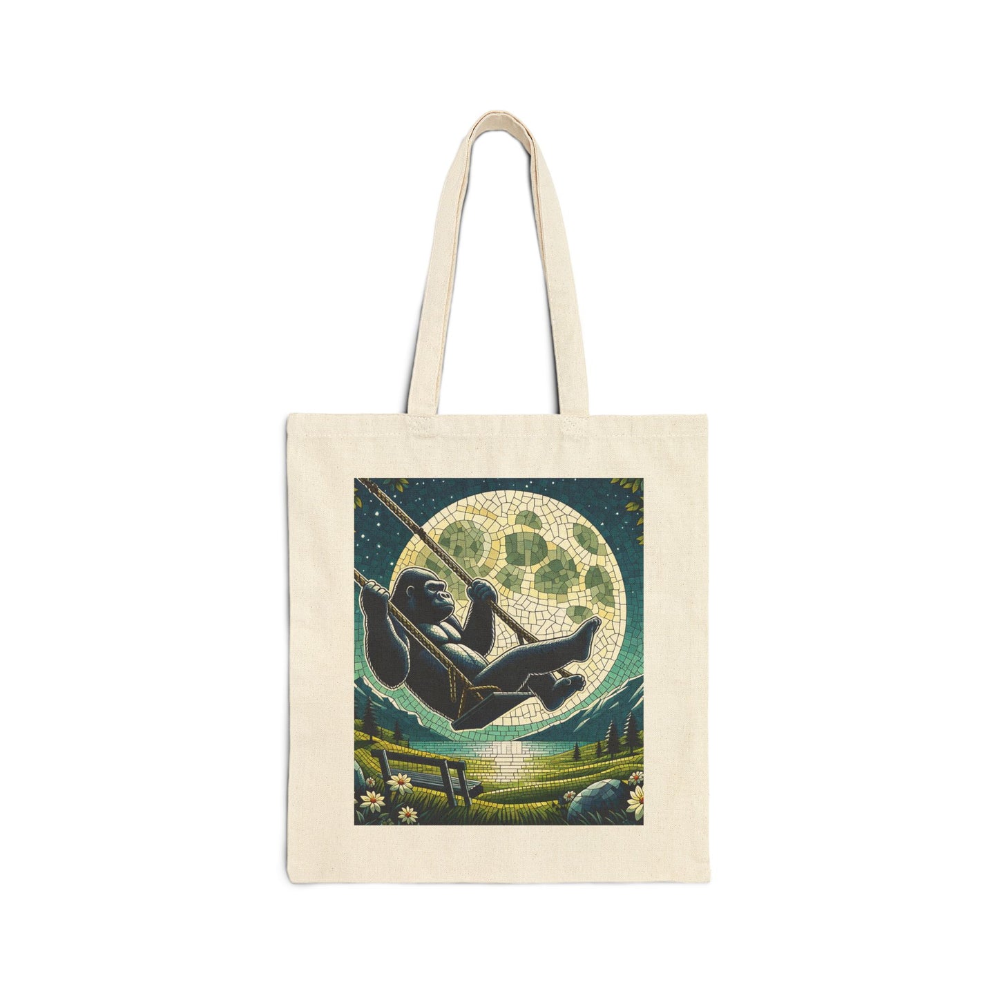 Our whimsy and mosaic style "Gorilla Moon Swing" Canvas Tote Bag evokes the pure, childlike delight of humans enjoying a peaceful night swing. A stylish and practical tote for daily use. BUY NOW! (SK Superb)