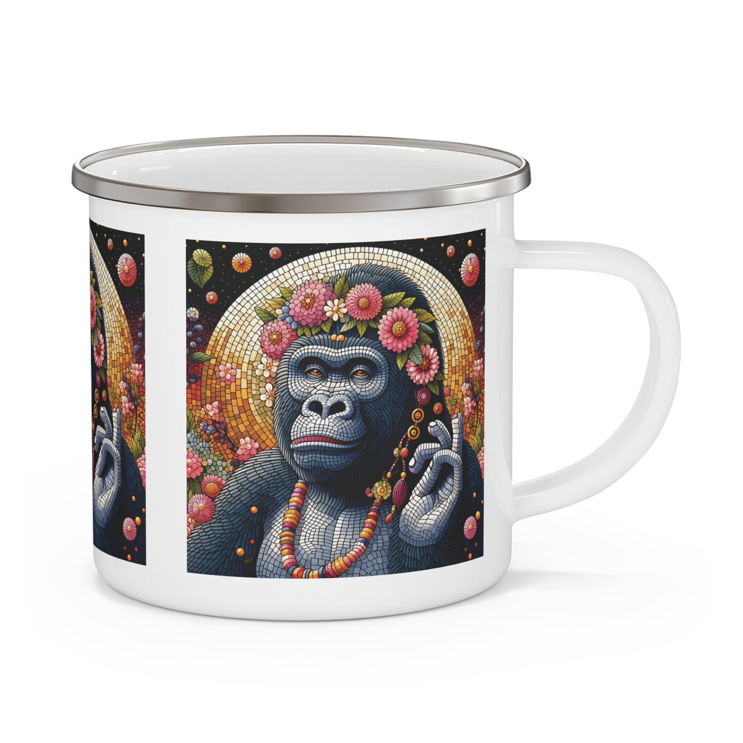 This artistic, mosaic-style design enamel mug of a female gorilla adorned with a floral crown is a perfect bachelorette gift or nature-themed bridal shower present. Ideal for outdoor adventures, camping, hiking, and daily use. This mug combines elegance and functionality. BUY NOW! (SK Superb)