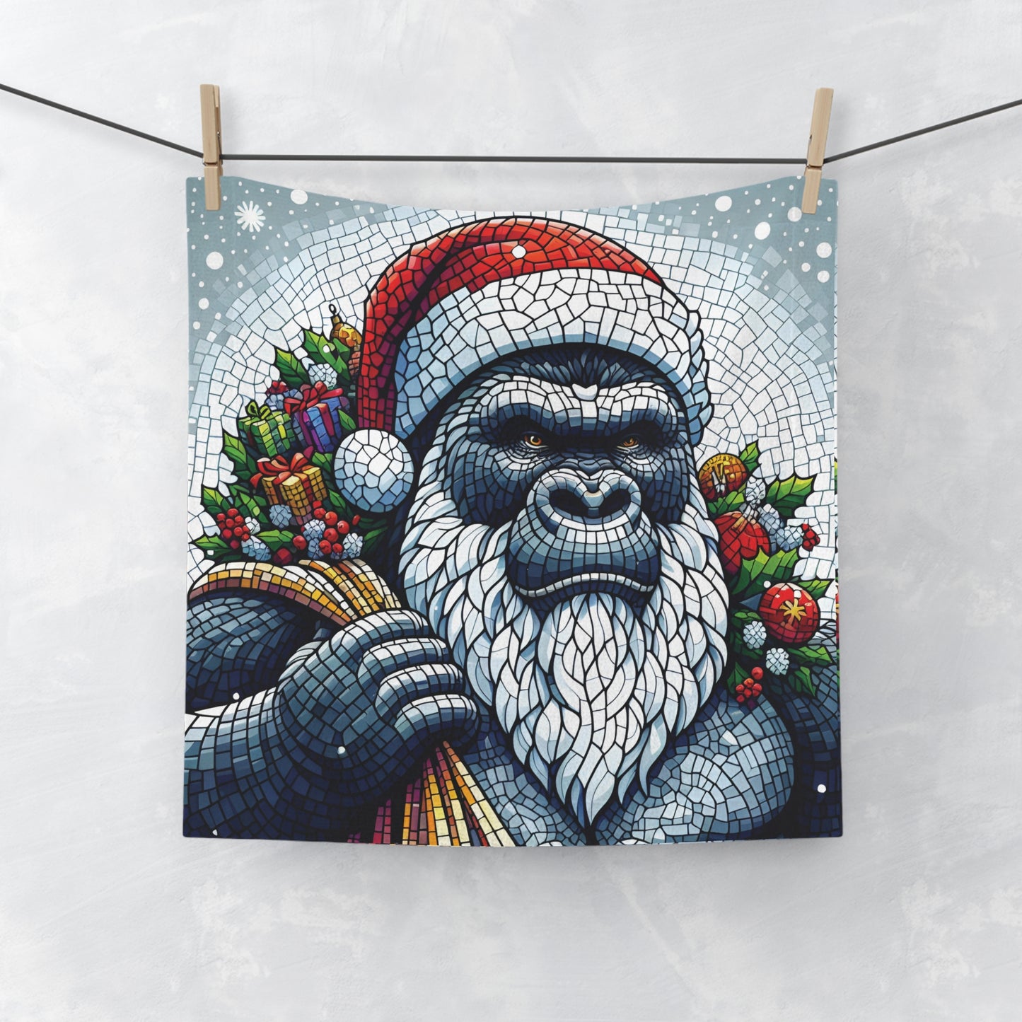 Add a touch of whimsy and holiday spirit to your home with our Christmas Mosaic Decor Gorilla Santa Face Towel. This towel features a gorilla dressed as Santa Claus, a delightful decorative piece and practical for everyday use in your bathroom or kitchen. BUY NOW! (SK Superb)