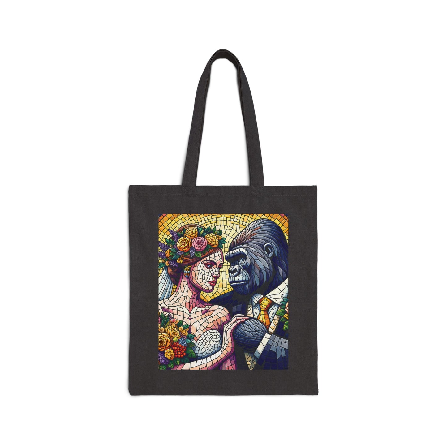 Celebrate love and artistry with our Mosaic Art "Wedding Gorilla" Canvas Tote Bag. Ideal bag for those who love nature-inspired designs that mirror human celebrations. Gift for weddings, anniversaries, art, nature lovers who appreciate the parallels between human and animal behavior. BUY NOW! (SK Superb)
