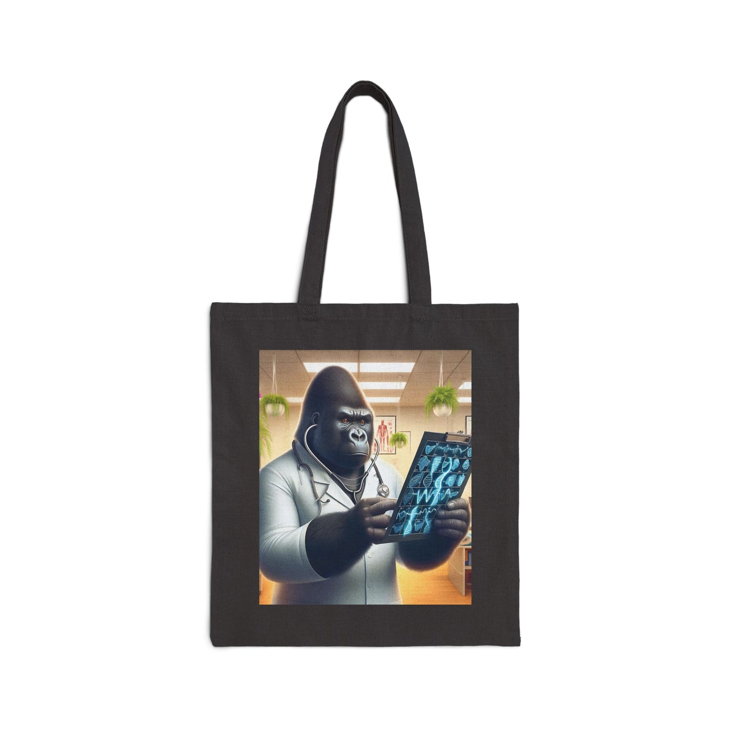 Our humorous "Gorilla Doctor" Canvas Tote Bag features a gorilla doctor examining X-ray prints in a hospital setting. Perfect for healthcare professionals, medical students, and animal lovers. Ideal for daily use, whether you're heading to work, school, or a day out. BUY NOW! (SK Superb)