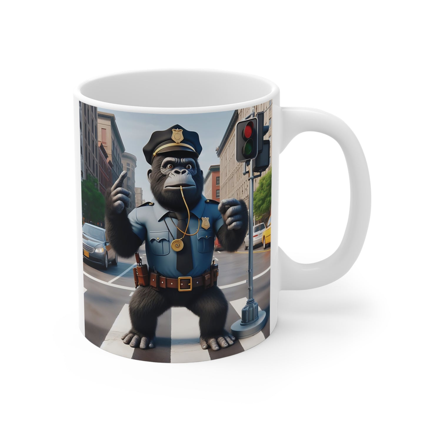 This 11oz mug of a whimsical, fun gorilla dressed as a traffic cop, directing traffic in a bustling city. Perfect for animal lovers, law enforcement enthusiasts, or anyone who appreciates quirky and humorous art. An ideal gift for friends, family. BUY NOW! (SK Superb)