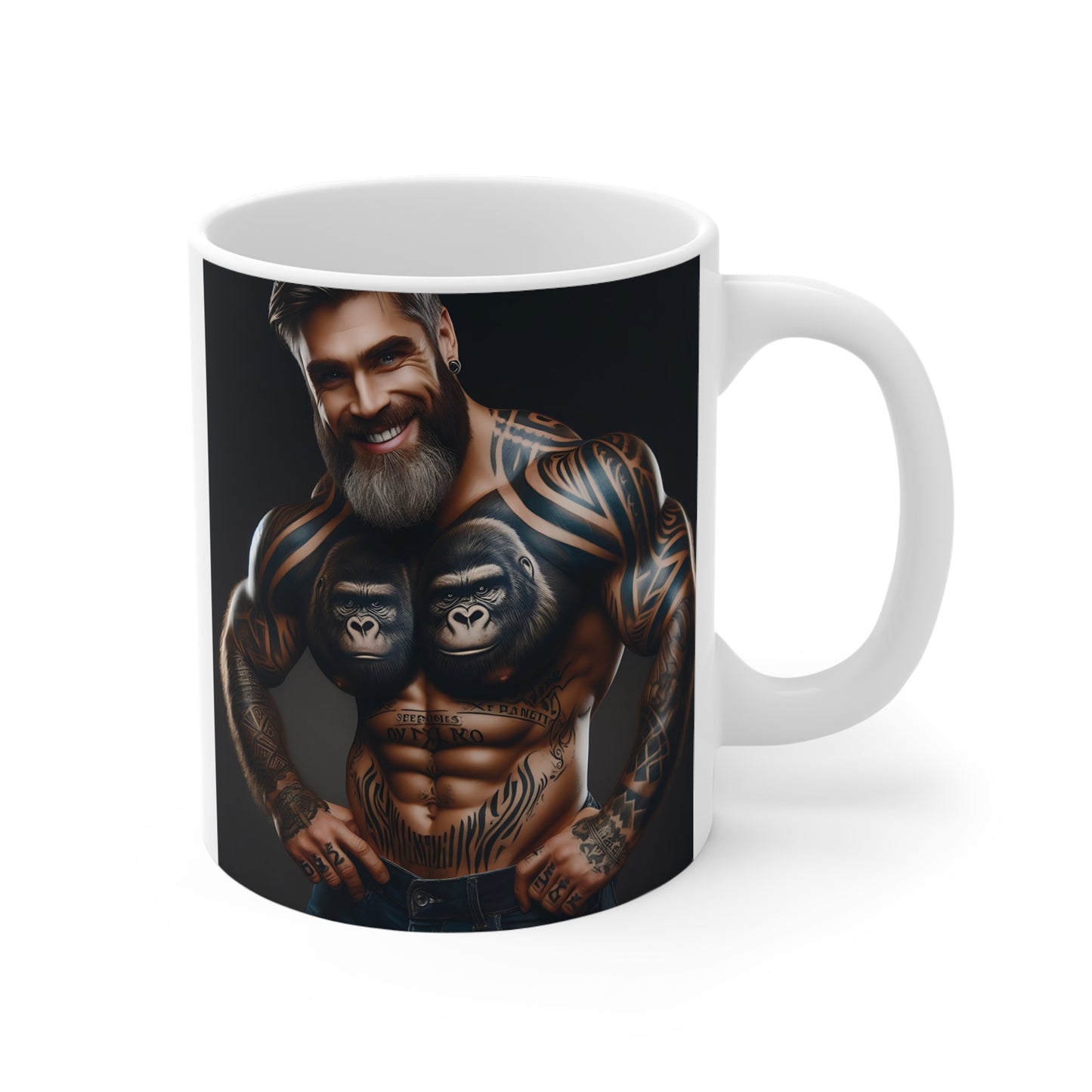 A striking 11oz mug of a muscular man with gorilla face tattoos on his chest. Perfect for tattoo, gorilla lovers, bodybuilders and art enthusiasts. This artwork mug is not only a perfect gift for friends and family but also an ideal addition to your personal collection. BUY NOW! (SK Superb)