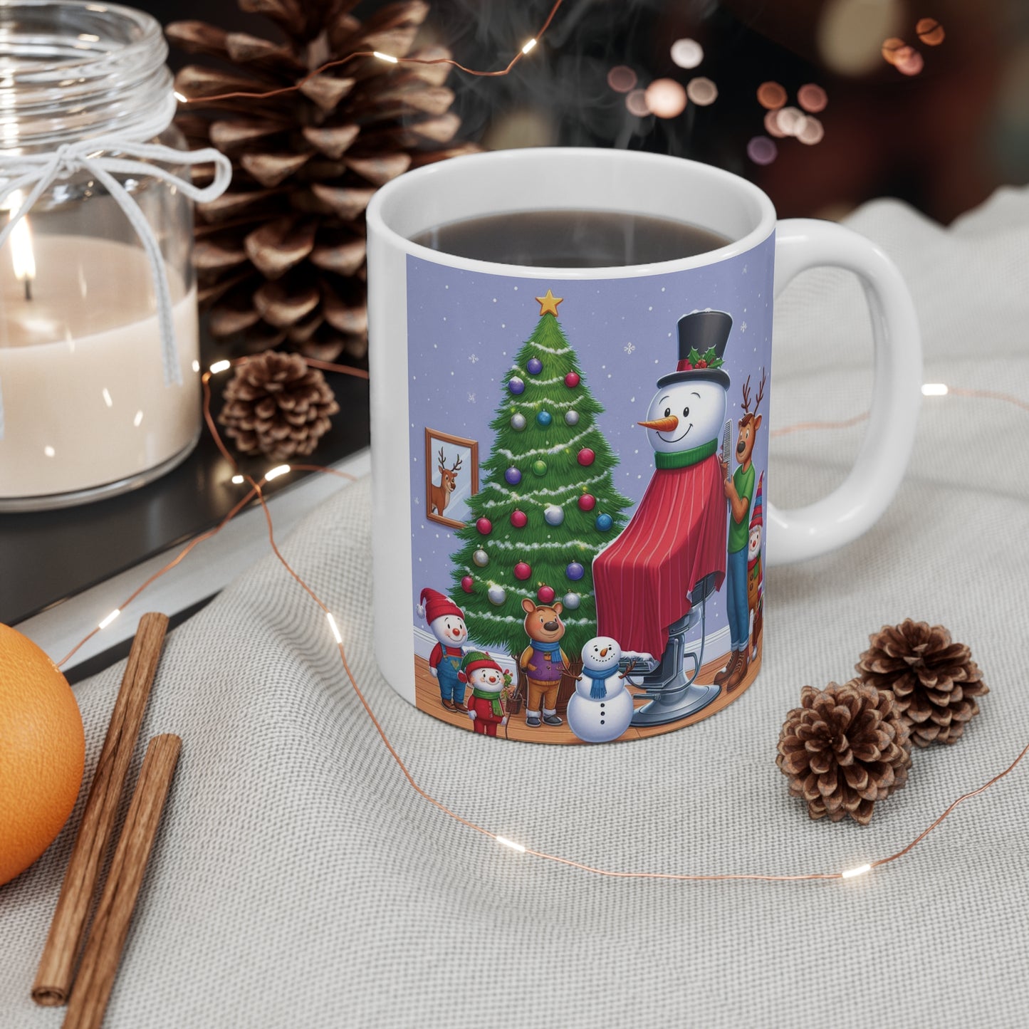 Whimsical Snowman Haircut Christmas 11oz Mug - Holiday Cheer Cup