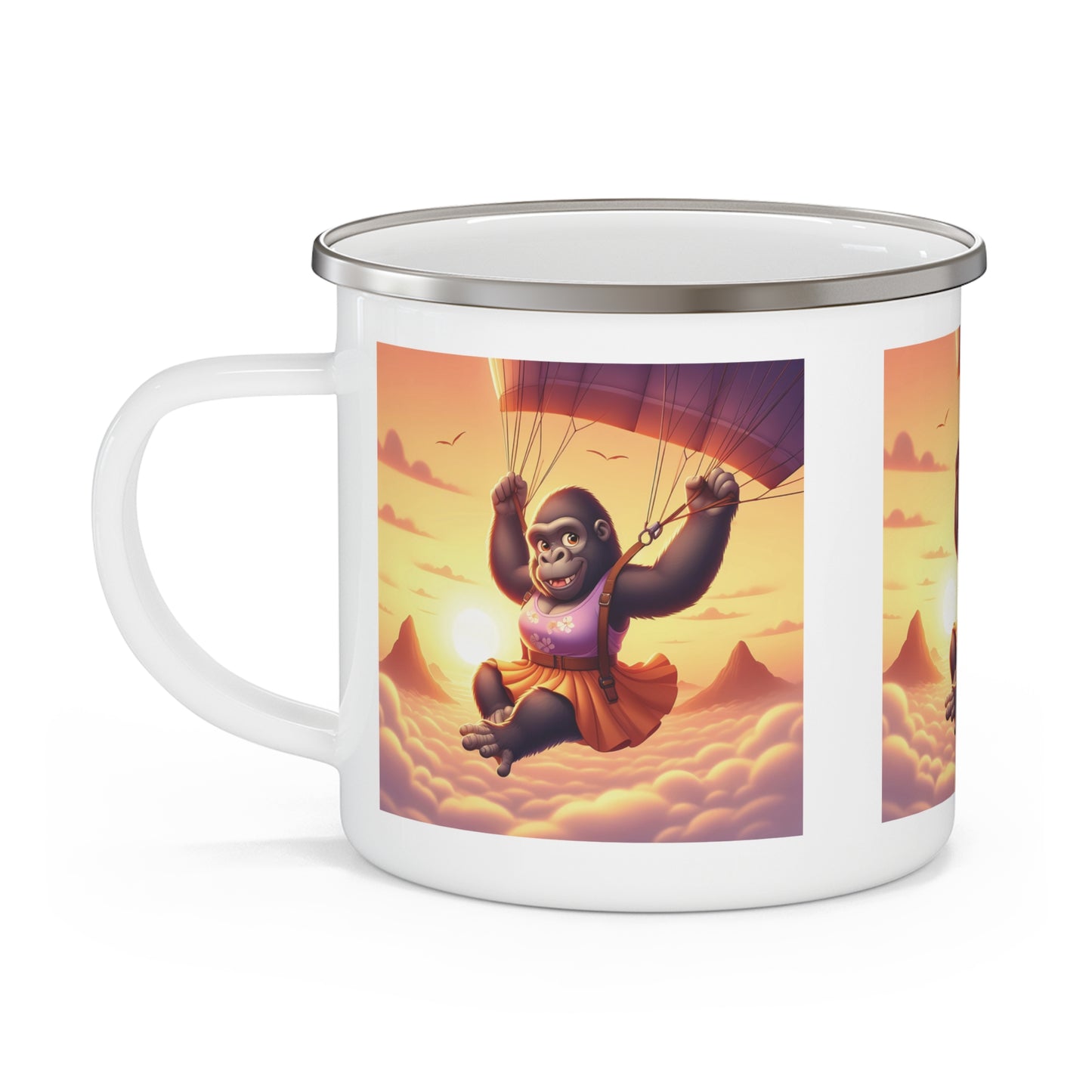 Cartoon Joyful Female Gorilla Skydiving Enamel Camping Mug - Outdoor Adventure Gift