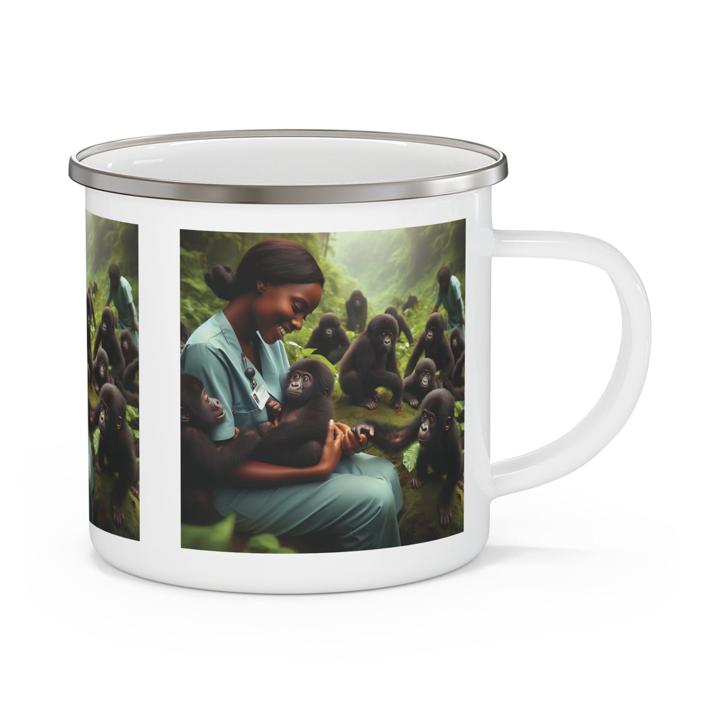 Enjoy the blend of nature and nurture with our Camping Mug of a caring nurse with baby gorillas. A mug for animal, outdoor lovers, nurses, and anyone who appreciates the bond between humans and wildlife. The image evokes peace, compassion, and connection with nature. Ideal for camping, hiking. BUY NOW! (SK Superb)