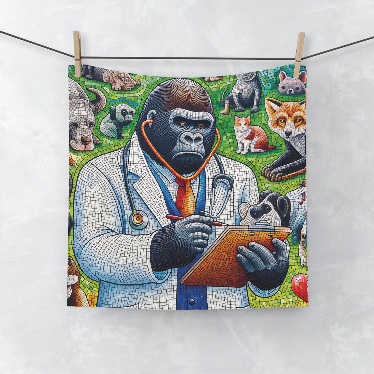 Our "Gorilla Veterinarian Mosaic Face Towel" features a gorilla vet examining a patient. Perfect for animal lovers, or anyone who loves artistic designs. Add a touch of whimsy to your home décor, or gift it to a friend who shares your passion for wildlife and veterinary care. BUY NOW! (SK Superb)