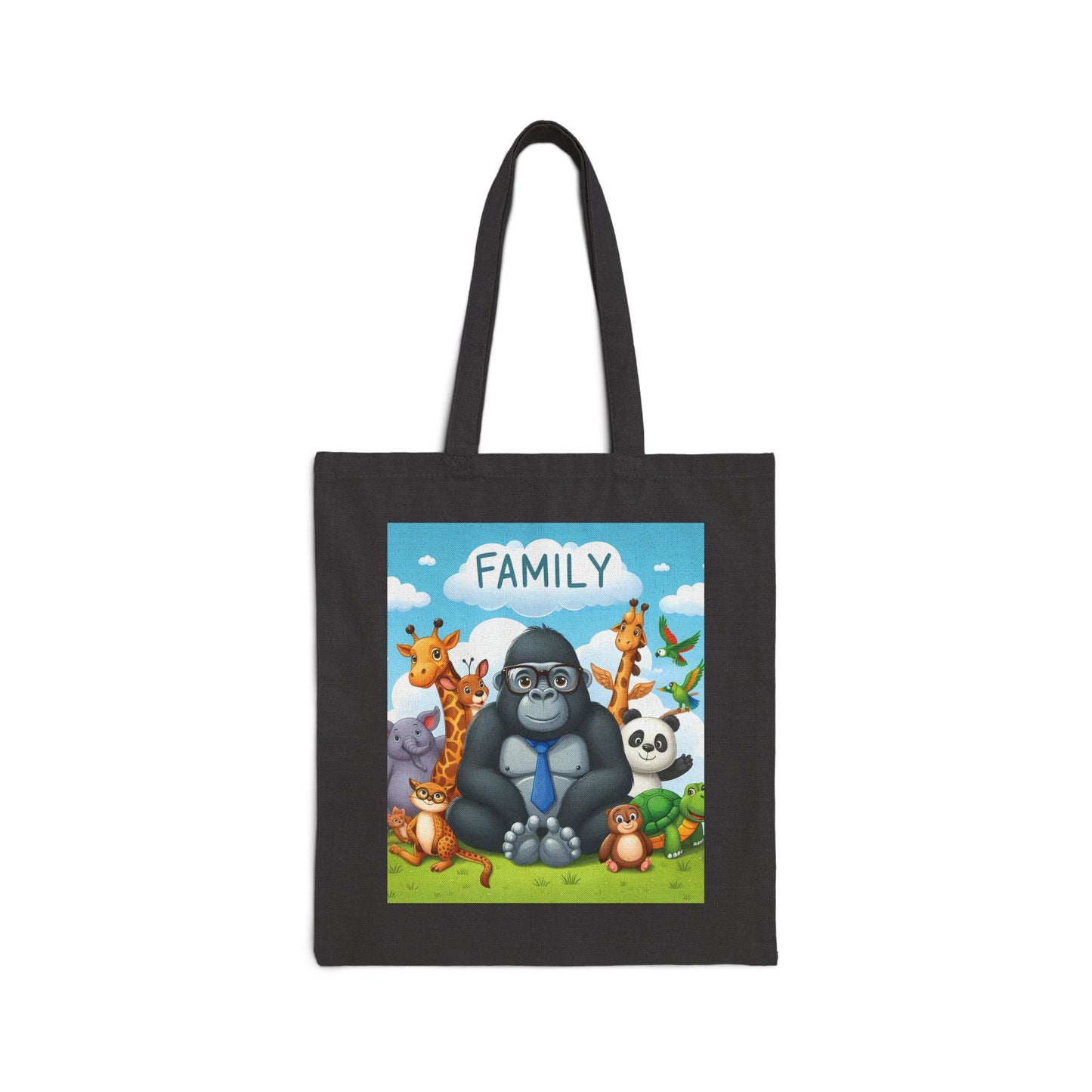Embrace the joy of family and friendship with our delightful "Cartoon Family Gorilla and Animals" Canvas Tote Bag! A playful design of a gorilla surrounded by cheerful animal friends, showcasing love and togetherness. A heartwarming tote bag for daily use. Great gift for animal lovers and families. BUY NOW! (SK Superb)