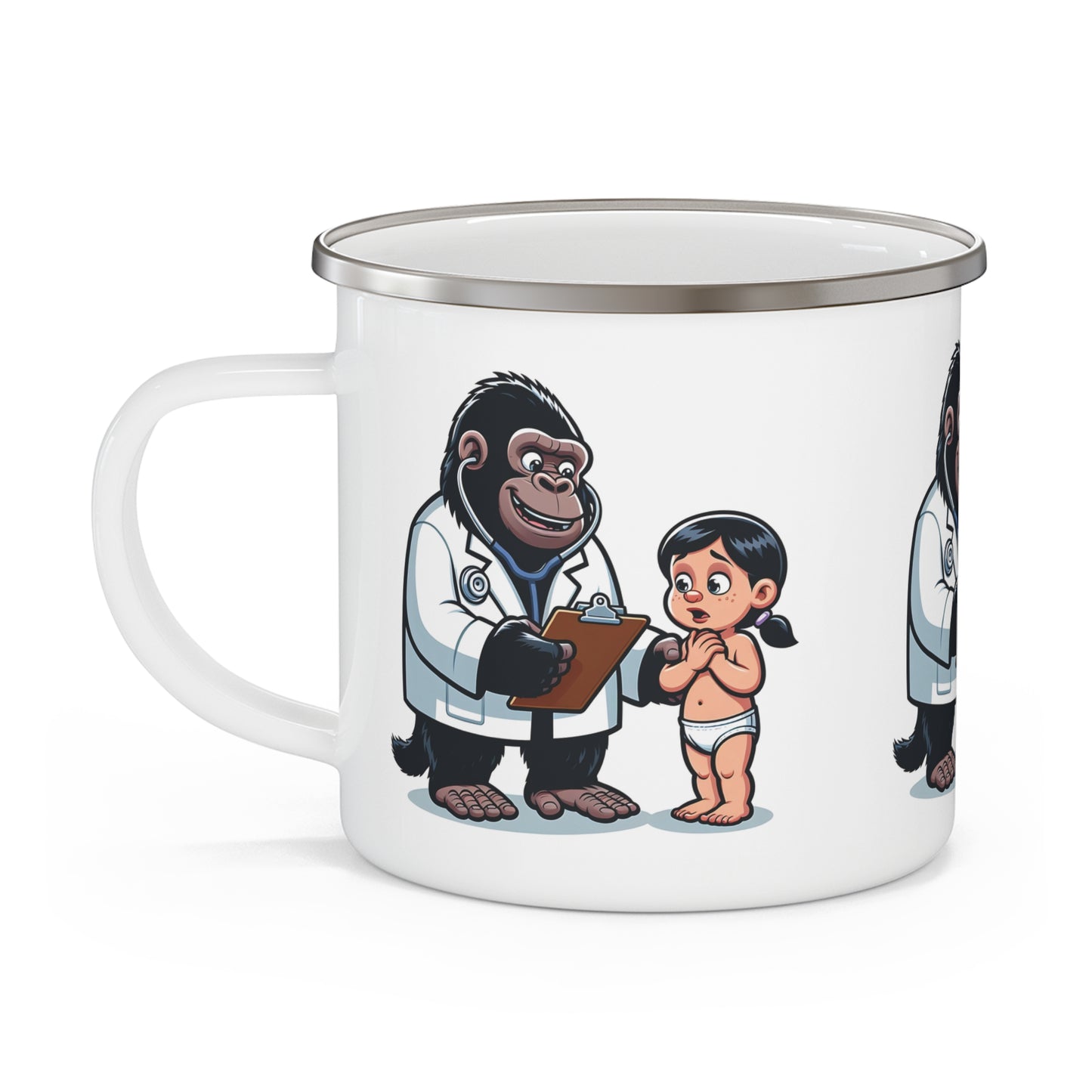 Gorilla Doctor & Child Cartoon Enamel Camping Mug - Fun Pediatric Gift