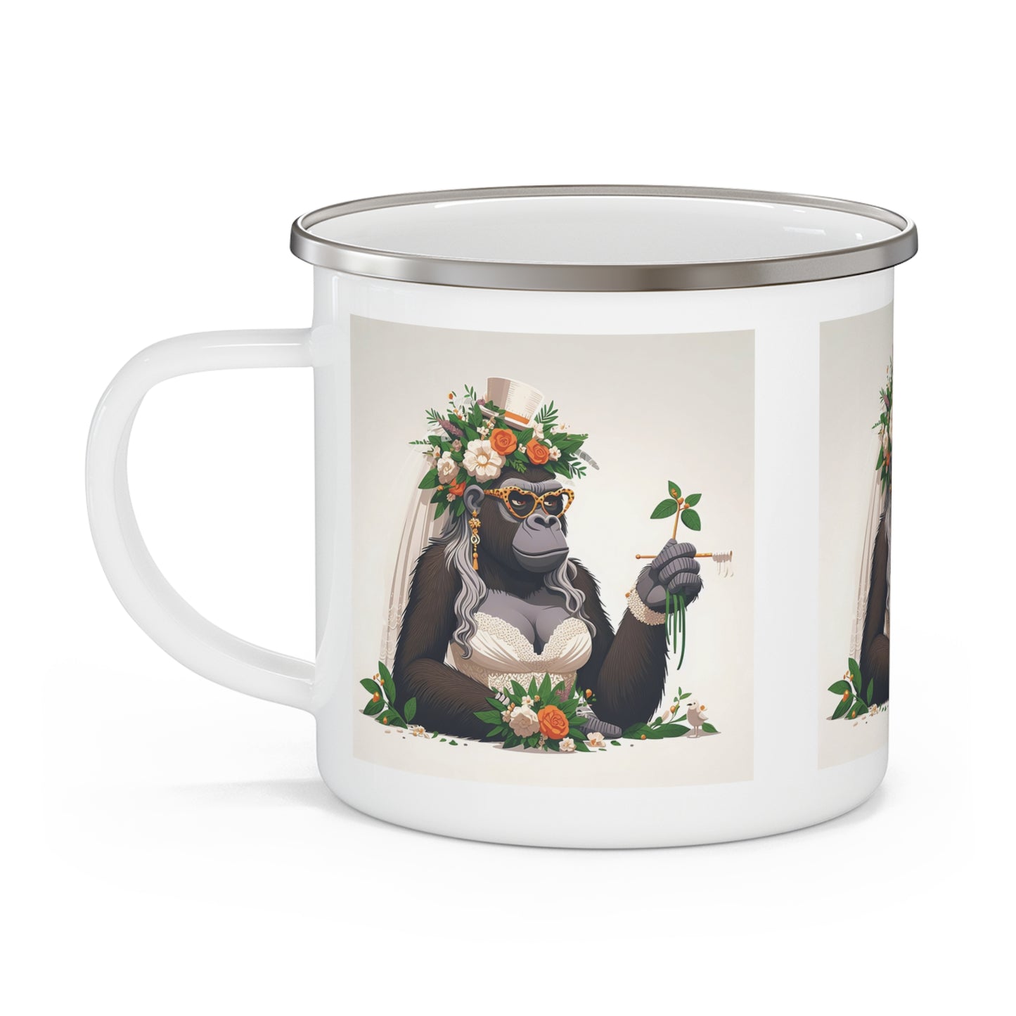 Whimsical Wedding Gorilla Bride Enamel Camping Mug – Nature & Adventure Lovers