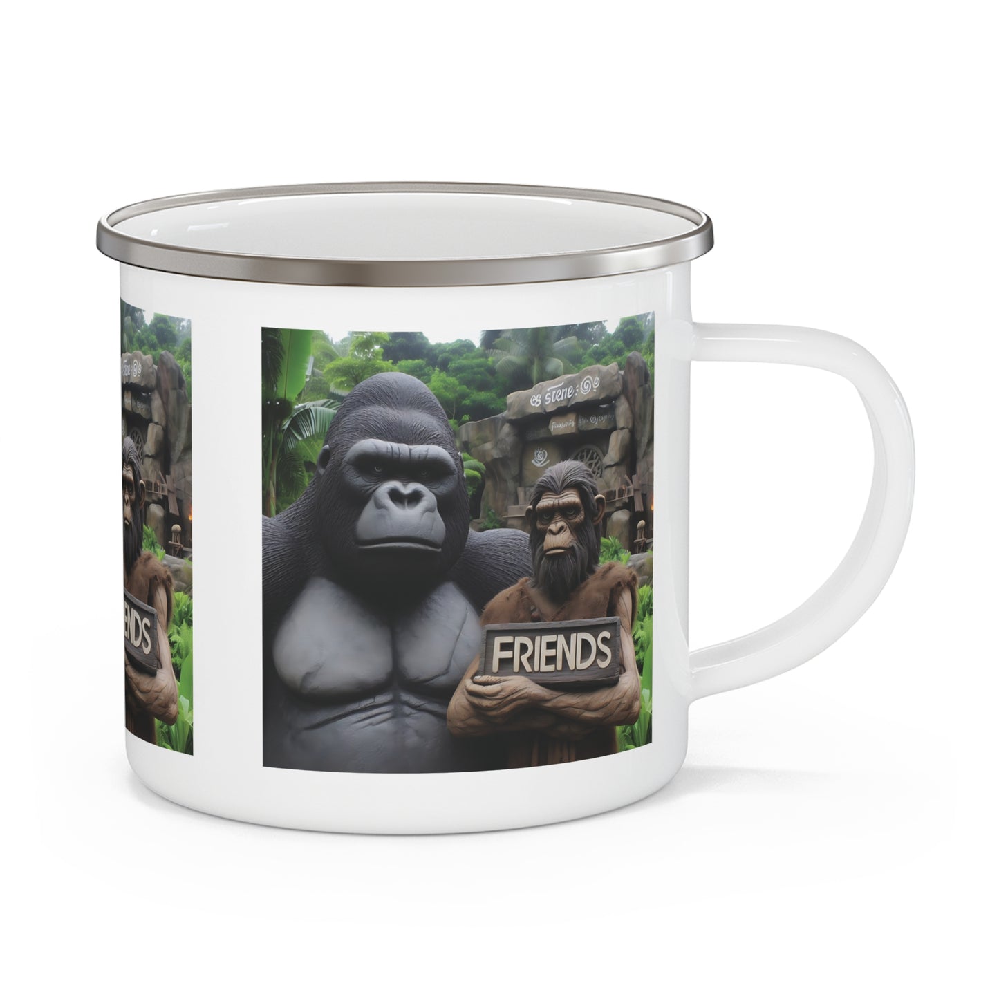 Embrace the spirit of friendship and adventure with our 'Friends' enamel camping mug of a gorilla and a caveman. A thoughtful gift for outdoor, wildlife lovers, and anyone who appreciates the beauty of nature and friendship. An ideal companion for hiking, camping, picnics, and other adventures. BUY NOW! (SK Superb)