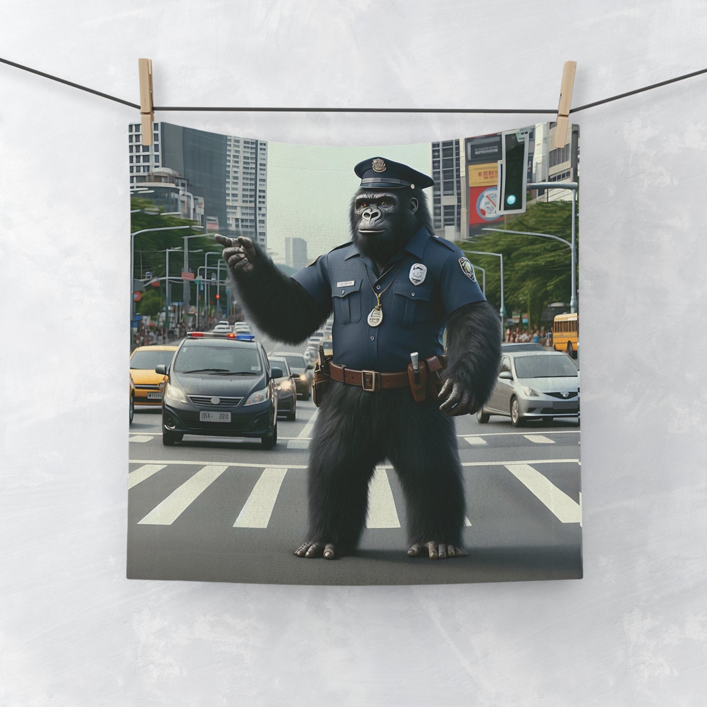 Honor law enforcement with this Gorilla Police Officer Face Towel. Perfect for police supporters and animal art lovers. Ideal as a gift or for personal use.