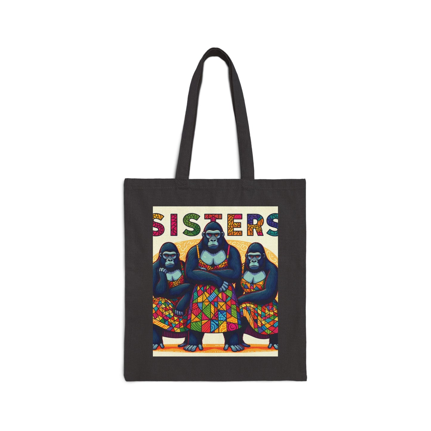 Celebrate the unbreakable bond of sisterhood with our "SISTERS" Gorilla Trio Canvas Tote Bag. A colorful mosaic pattern, symbolizing the diverse and beautiful nature of sisterhood. Perfect gift for sisters, friends, and family. BUY NOW! (SK Superb)