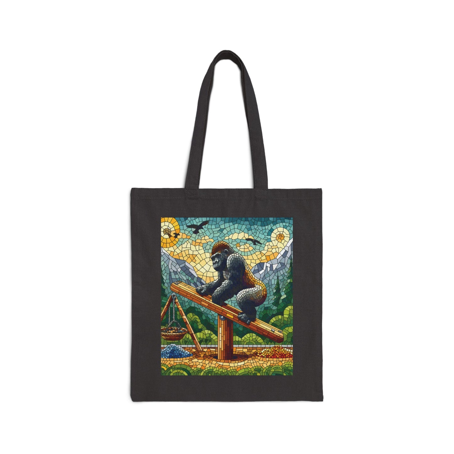 Experience the joy of childhood playfulness with our functional, mosaic design "Gorilla Seesaw" Canvas Tote Bag, reminiscent of the fun humans experience on a seesaw. Ideal for animal enthusiasts, art lovers, and anyone who appreciate creative artistry. BUY NOW! (SK Superb)