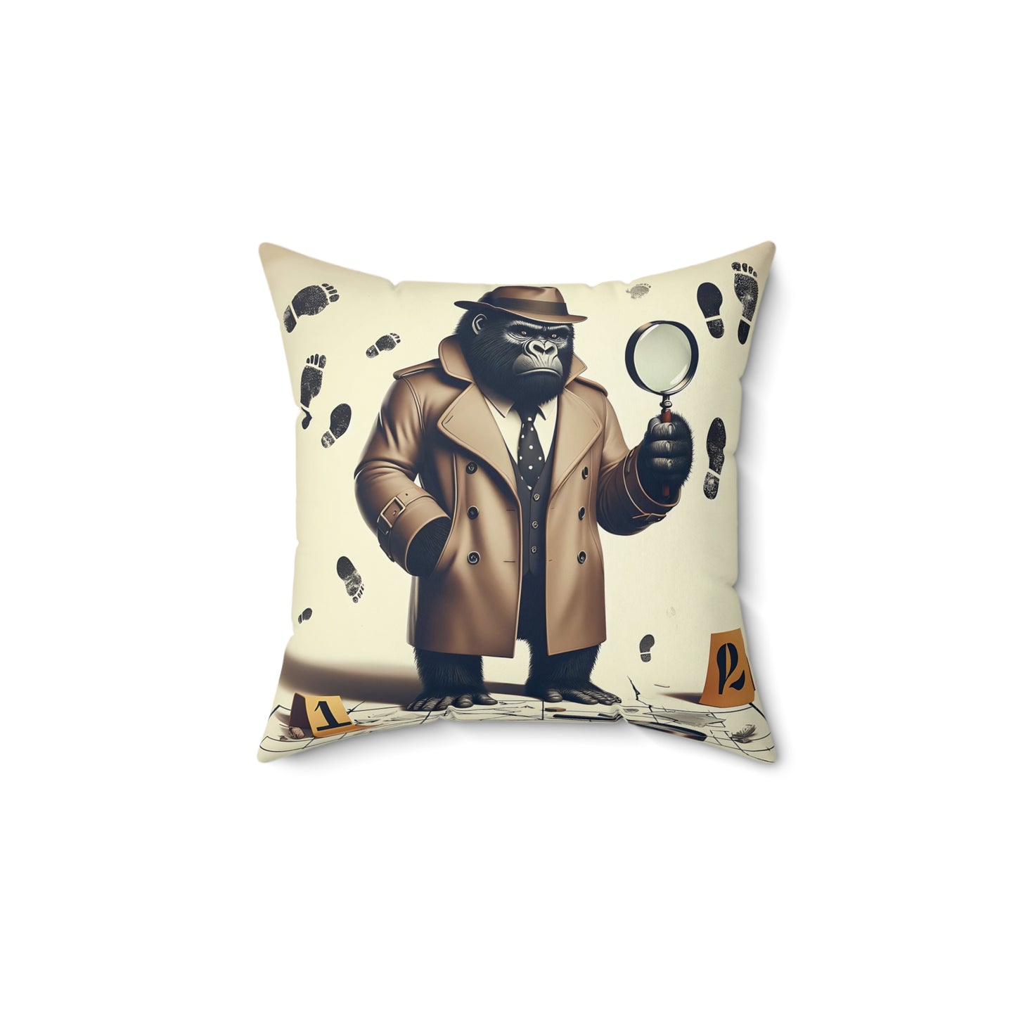 Unveil the mystery with our "Detective Gorilla on the Case Pillow". It features a gorilla dressed as a human detective, a charming resemblance to classic human detectives. A cute pillow for animal lovers, mystery enthusiasts. BUY NOW for your home and office decor. (SK Superb)