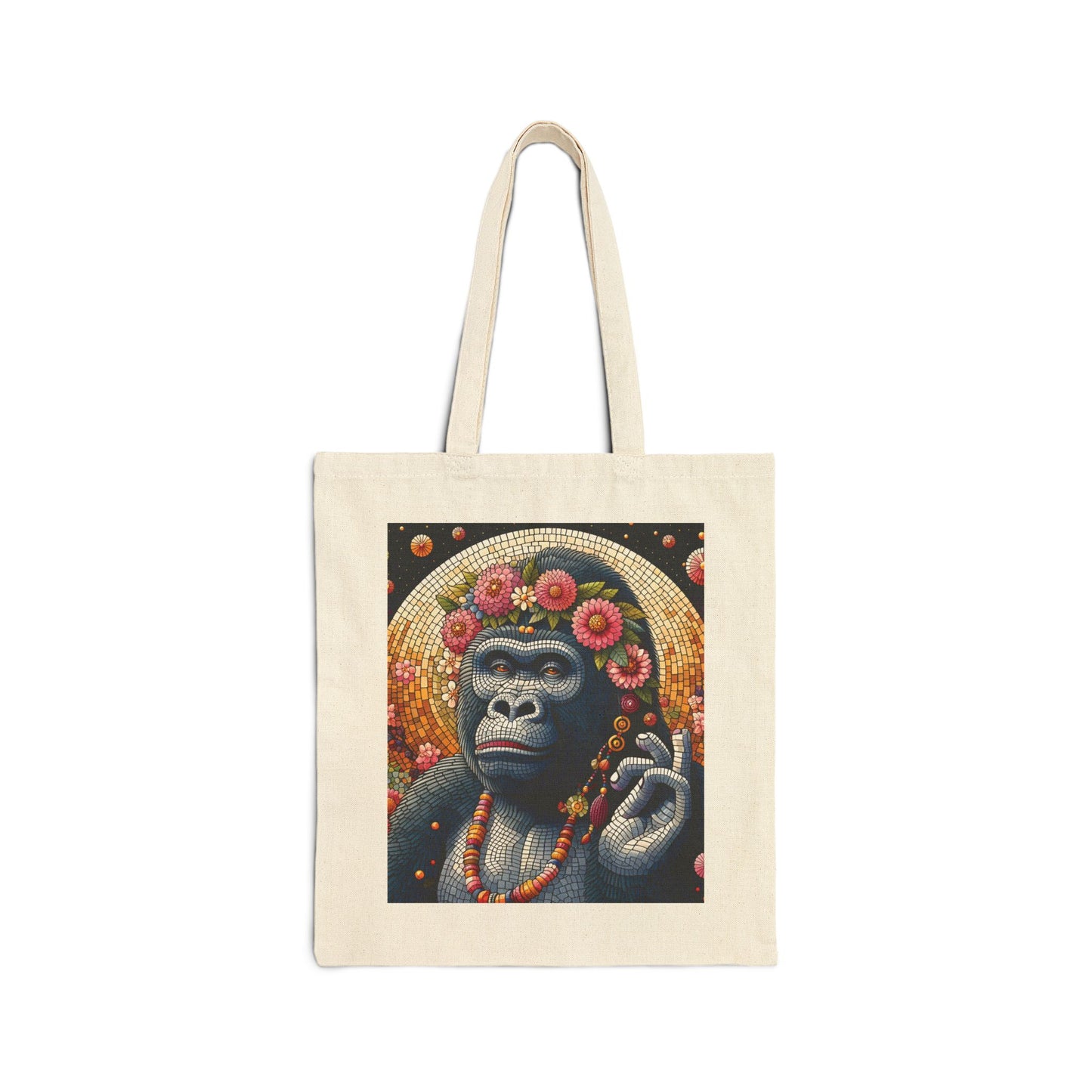 A stylish and practical Canvas Tote Bag of a stunning mosaic design gorilla adorned with vibrant flowers, adding a touch of elegance to your bachelorette celebrations. This tote bag is sure to be a cherished keepsake. Ideal for bachelorette parties, bridal showers, tropical-themed events. BUY NOW! (SK Superb)