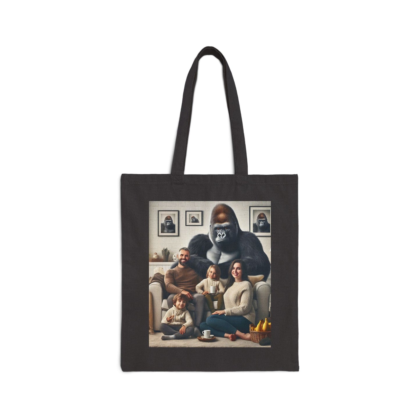 Our unique canvas tote bag featuring a heartwarming and whimsical family portrait, where a friendly gorilla sits lovingly with a human family, creating a charming and eye-catching design. This tote bag is practical and fashionable. Perfect for animal lovers and those who appreciate humor and art. BUY NOW! (SK Superb)