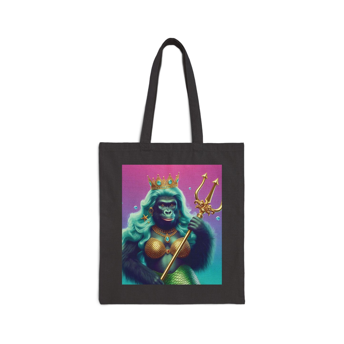 Gorilla Mermaid Canvas Tote Bag with Trident and Crown