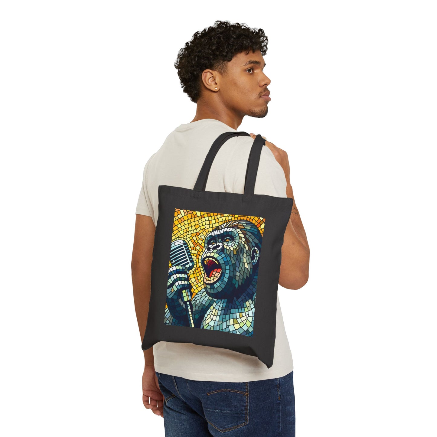 Mosaic Art Retro Gorilla Singer Canvas Tote Bag - Music/Wildlife Theme (Black Color Bag)