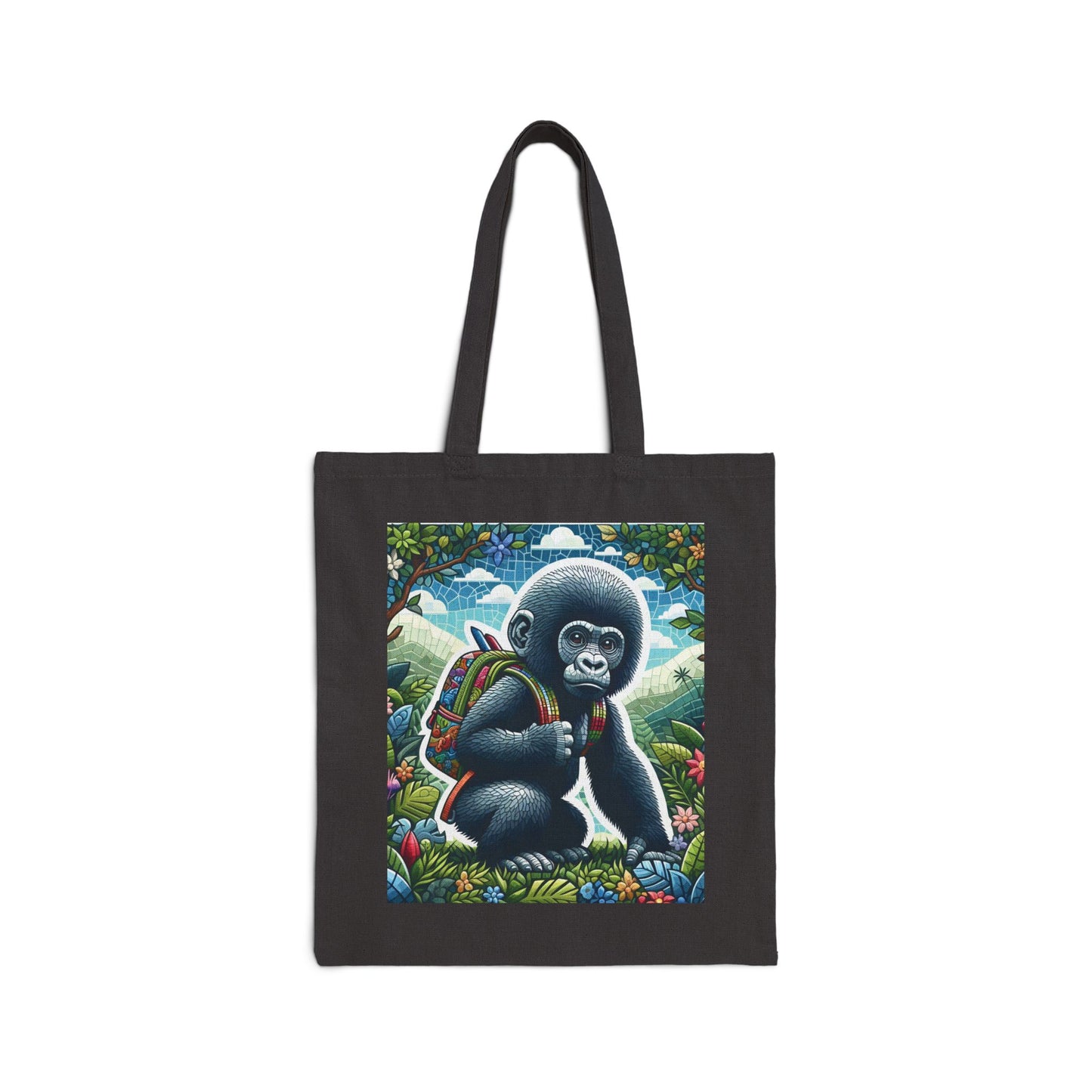 Mosaic Adventurous Baby Monkey Nature Exploration Canvas Tote Bag - Kids/Adults Bag (Black Color Bag)