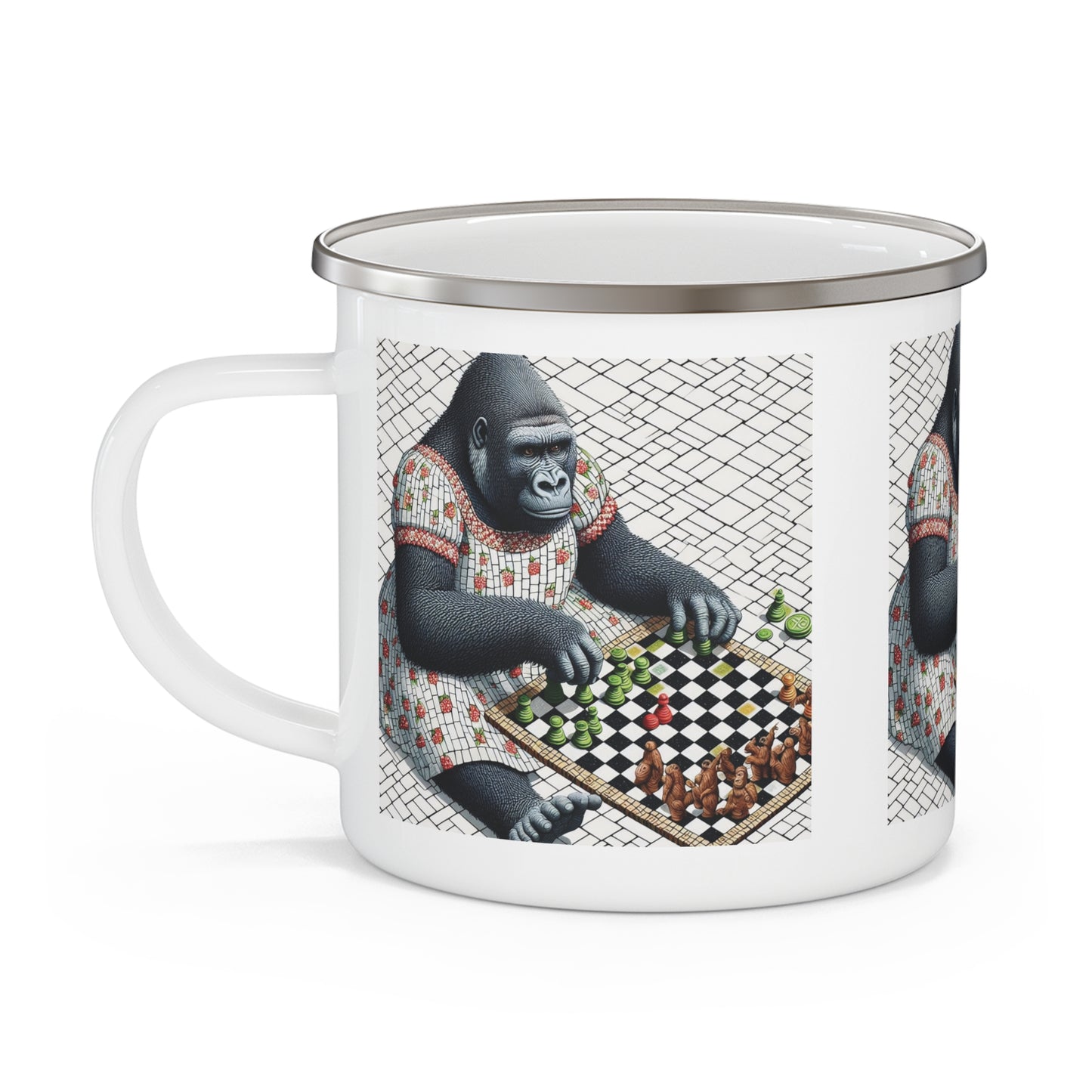 Female Gorilla Playing Chess Enamel Camping Mug - Art Reflecting Human Chess Player