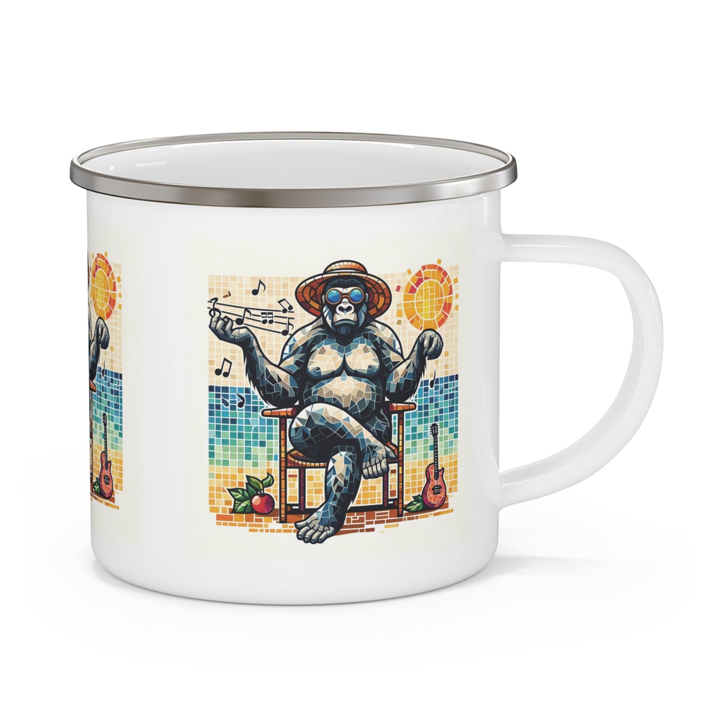 A blend of relaxation and adventure with our mosaic art "Relaxing Gorilla Musician" Enamel Camping Mug, much like a human enjoying the outdoors with music. A practical mug for camping, hiking, outdoor and music lovers. BUY NOW! (SK Superb)