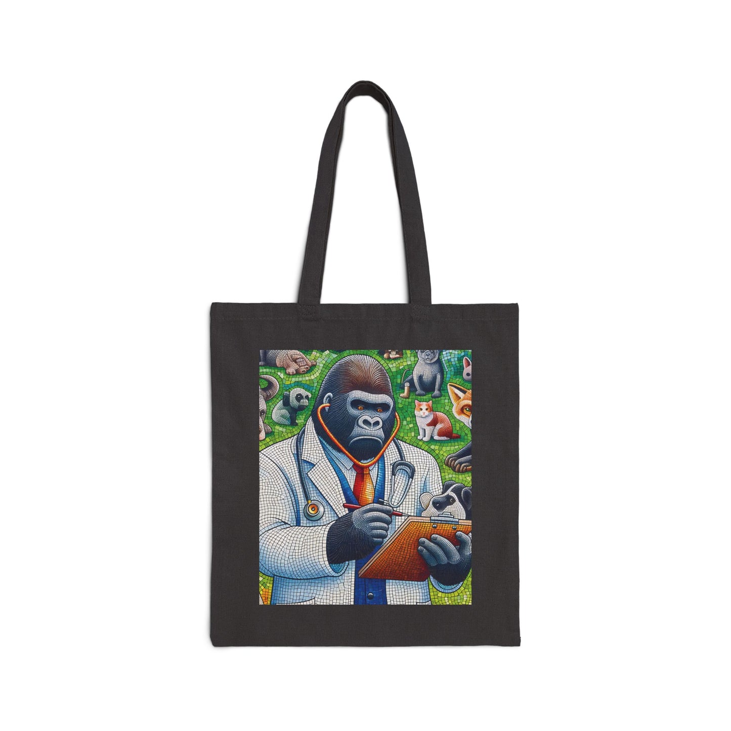 A functional and artistic mosaic style "Gorilla Veterinarian" Canvas Tote Bag of a gorilla dressed as a veterinarian surrounded by various animals, creating a whimsical scene. Perfect for animal lovers, veterinary professionals, or anyone who appreciates creative designs. BUY NOW! (SK Superb)