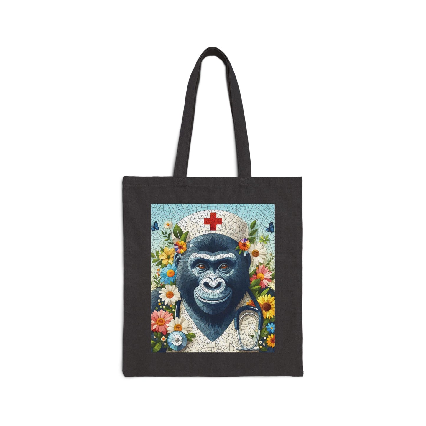 Show your appreciation for healthcare workers with our mosaic style "Smiley Gorilla Nurse" Canvas Tote Bag. Perfect for everyday use or as a gift for nurses, doctors, and healthcare professionals. A tote bag of creativity and functionality, for anyone who loves unique and artistic designs. BUY NOW! (SK Superb)
